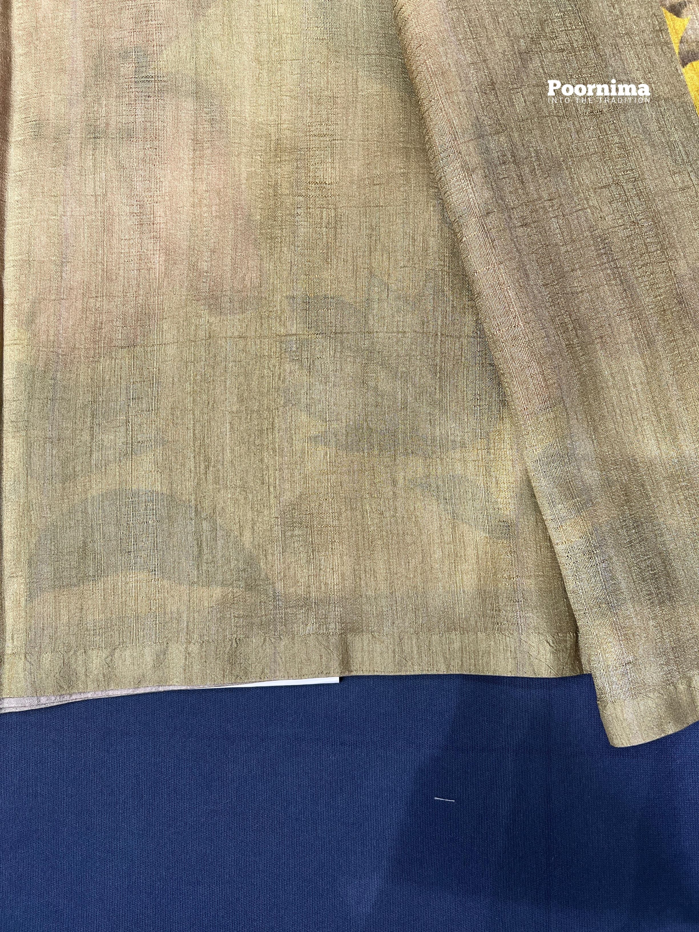 YELLOW COLOUR THUSSER WITH ALL OVER SAREE LIFE AND FLOWERS DESIGN