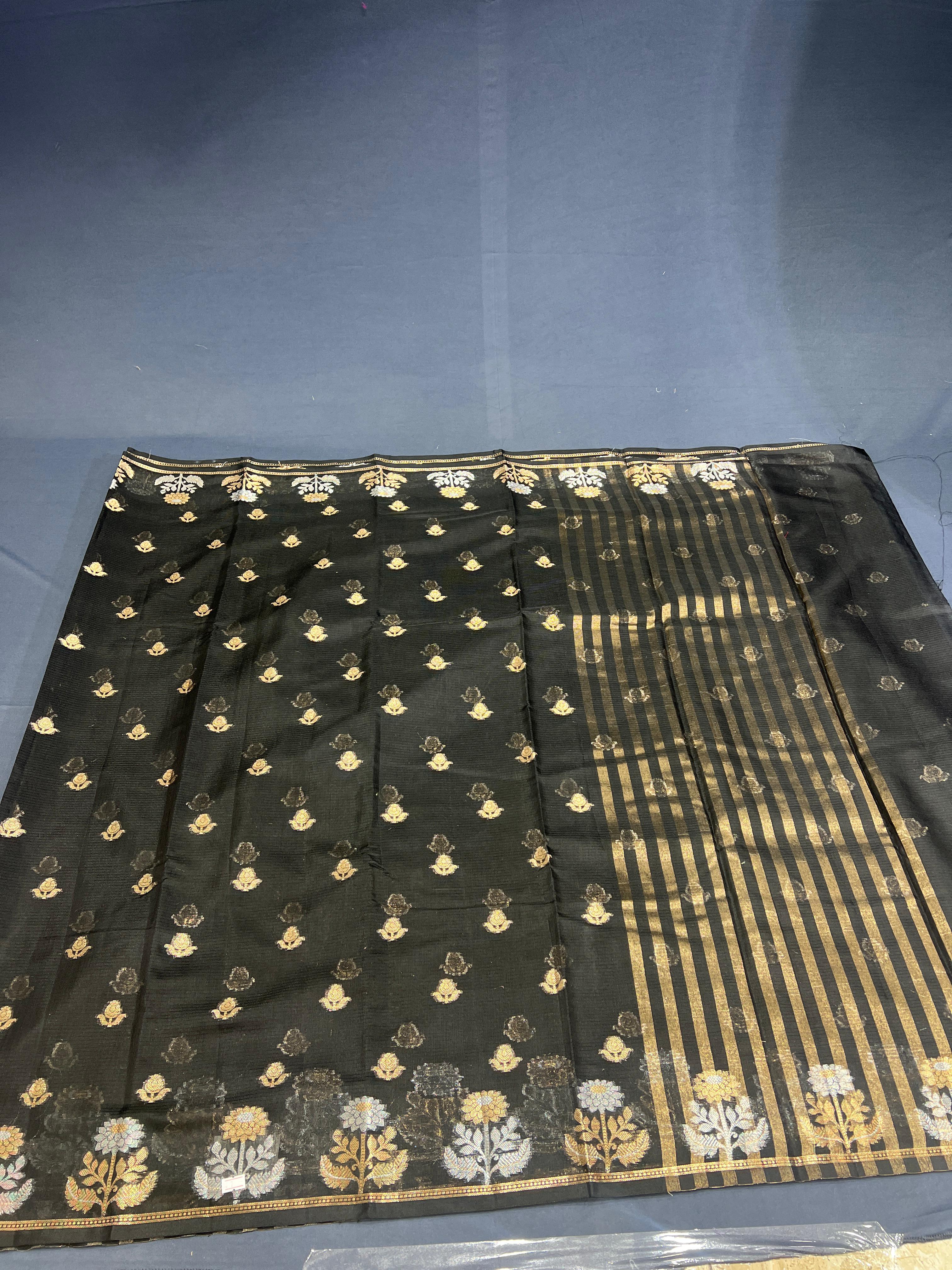 BLACK SILK BY COOTON SAREE WITH ALLOVERS SAREE WITH GOLD BUTAS