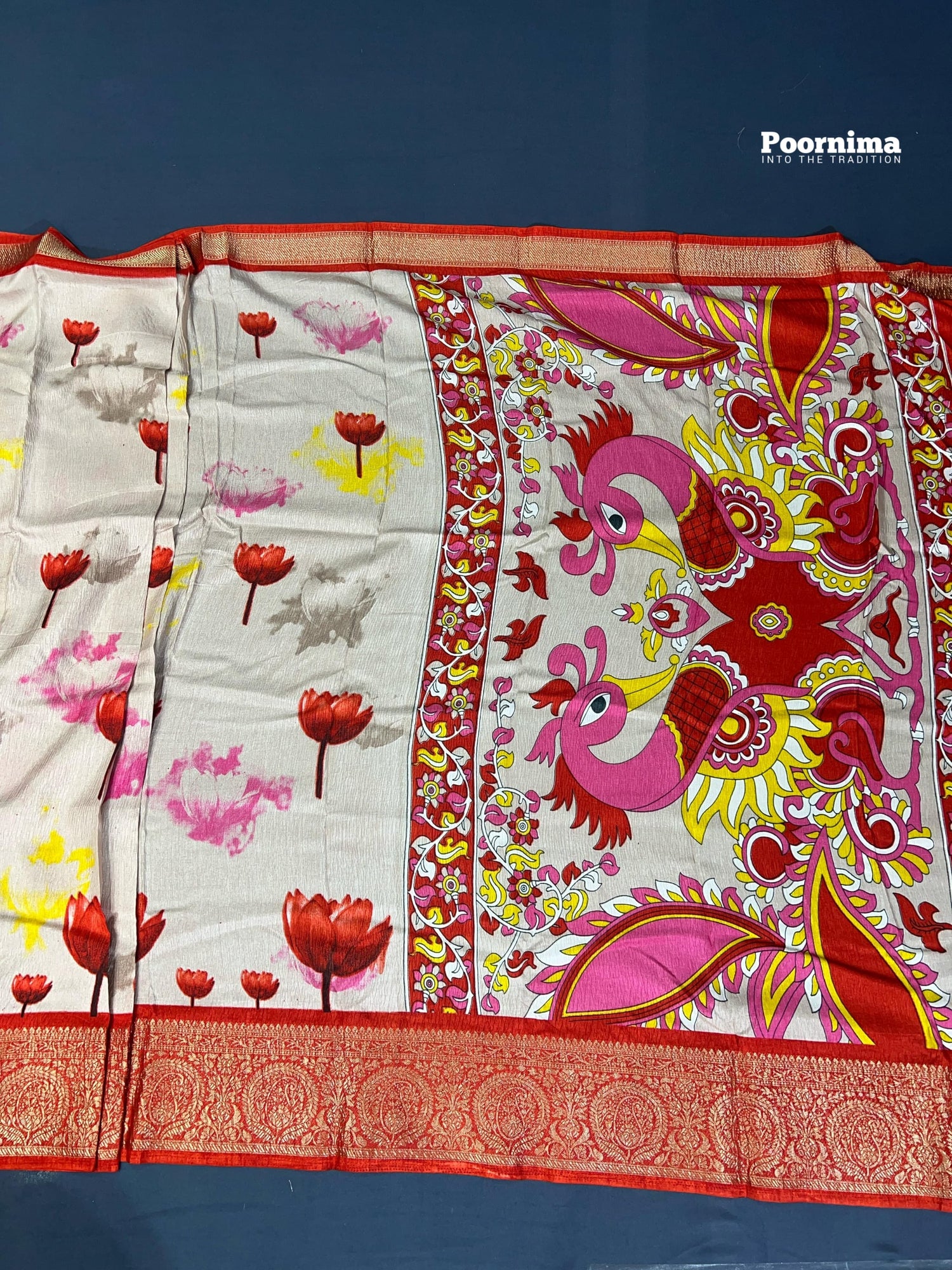 SHIPPAN CRAPE WITH RED COLUR AND ALLOVER SAREE LOUTUS DESIGN