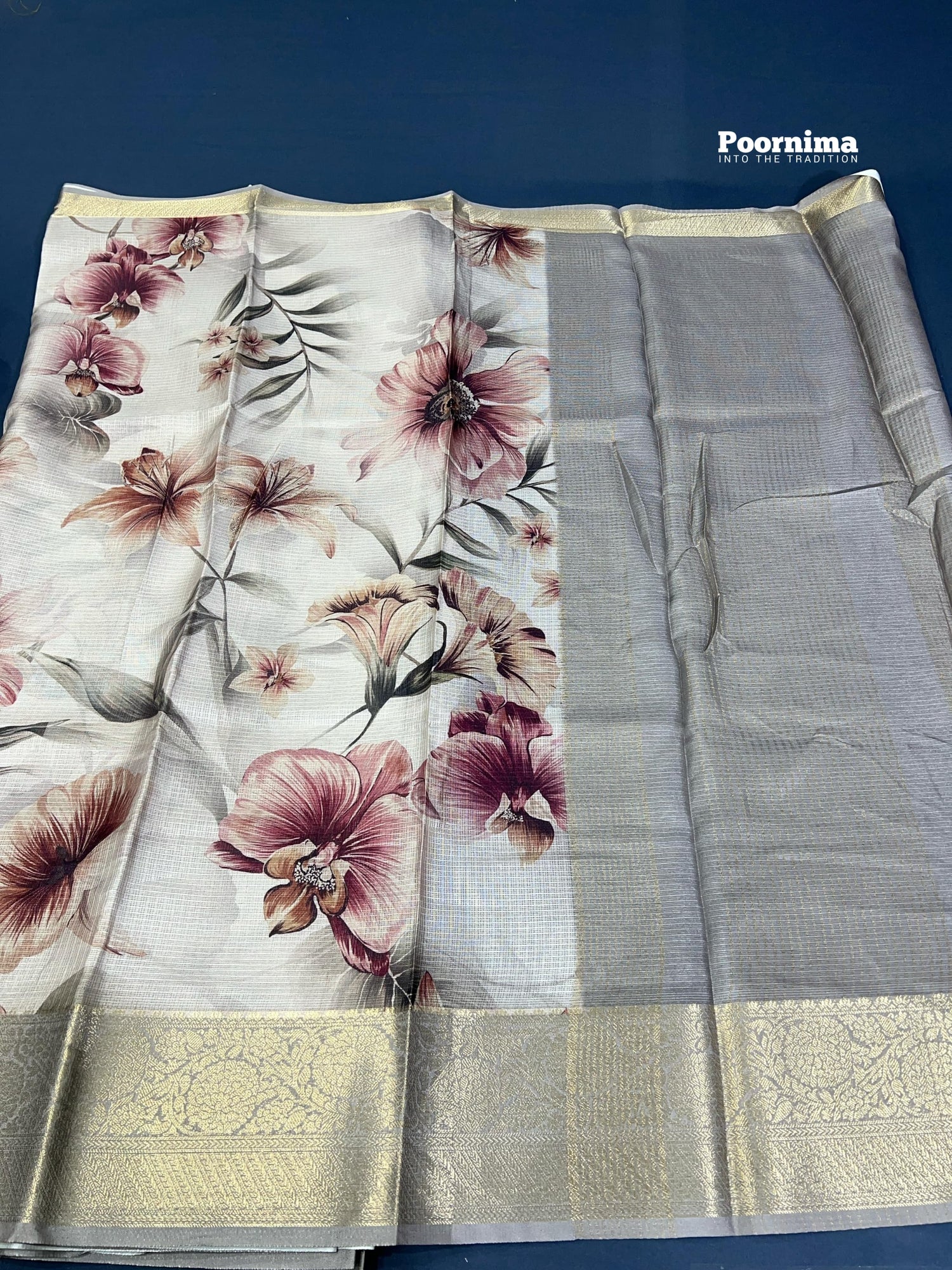 CREAM SHADE COLOUR KOTA SAREE ALLOVER SAREE WITH FLOWERS