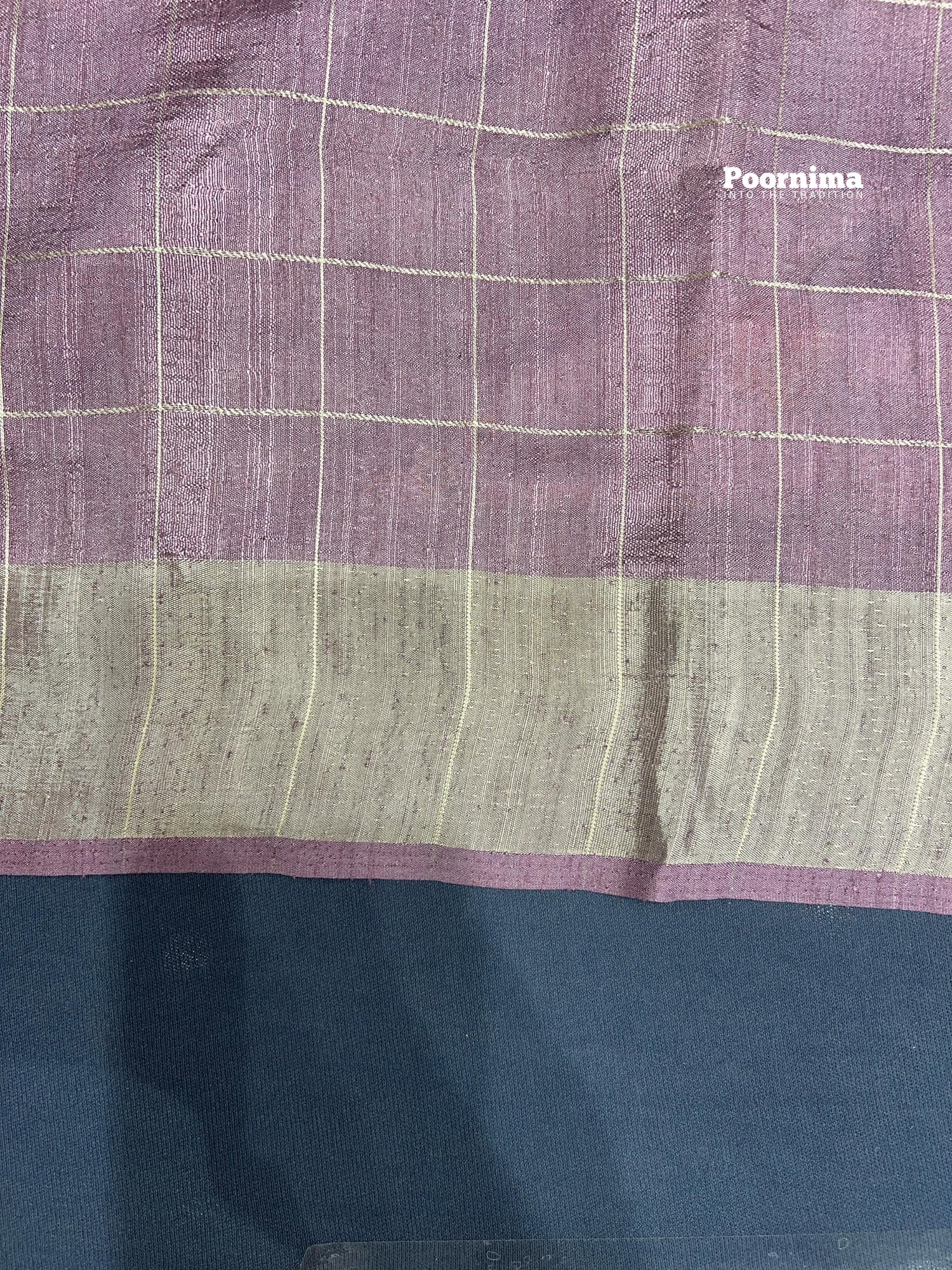 LIGHT PINK TUSSAR AND CHECKS ALL OVER SAREE WIOTH FLOWERS DESIGHN