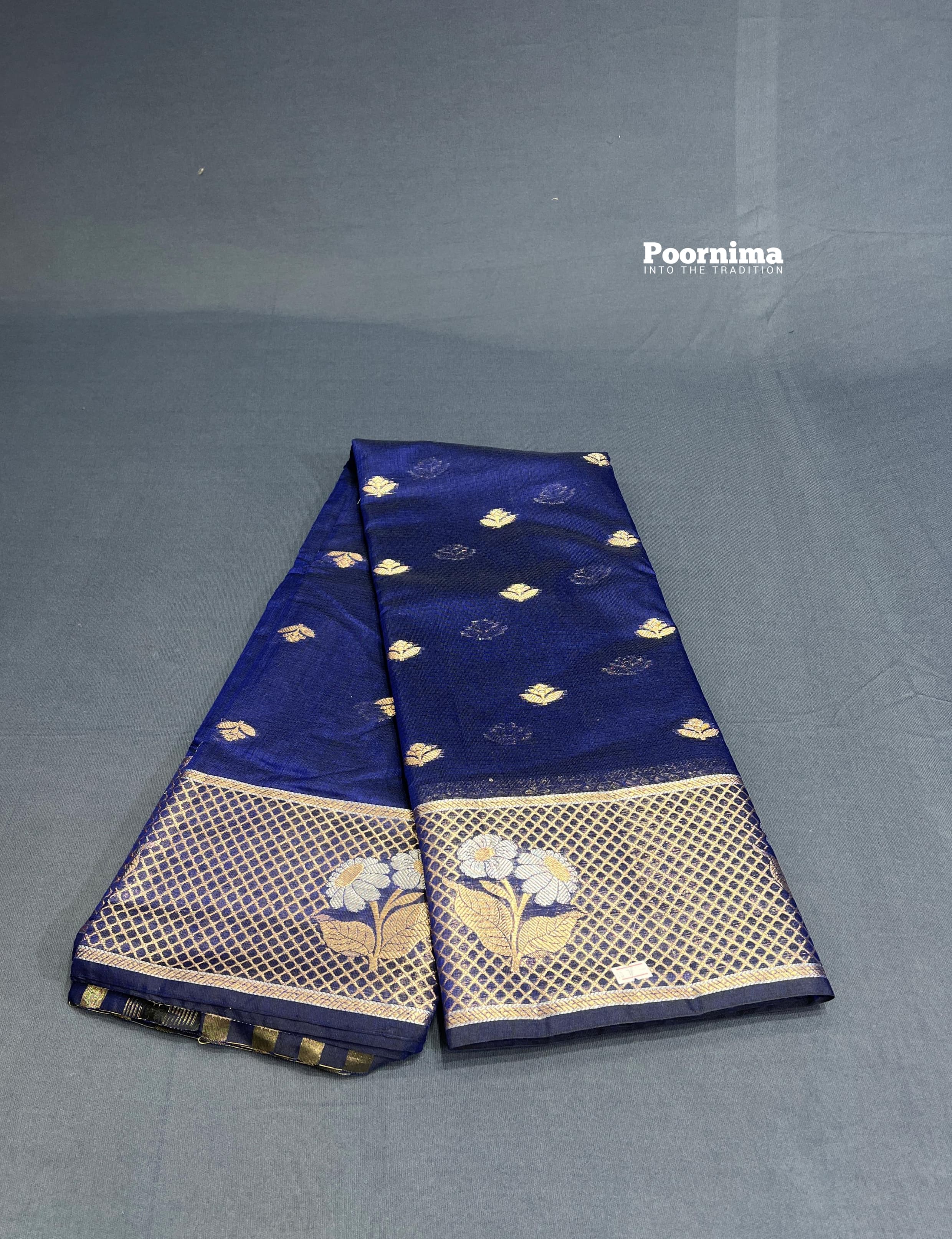 SILK BY COTTON ROYAL BLUE ALLOVER SAREE WITH GOLD BUTTES