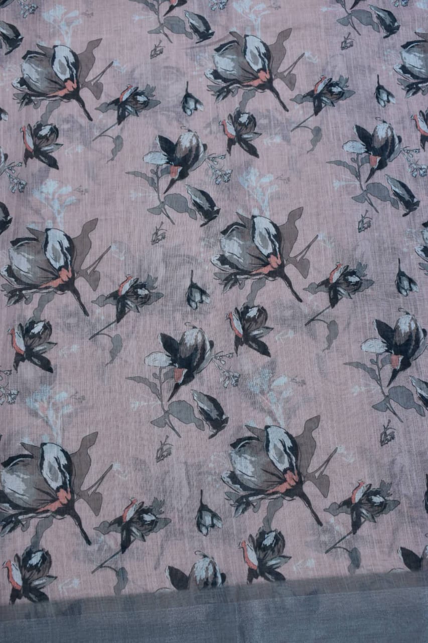 LIGHT PINK- LINEN COTTON FLORAL PRINT SAREE