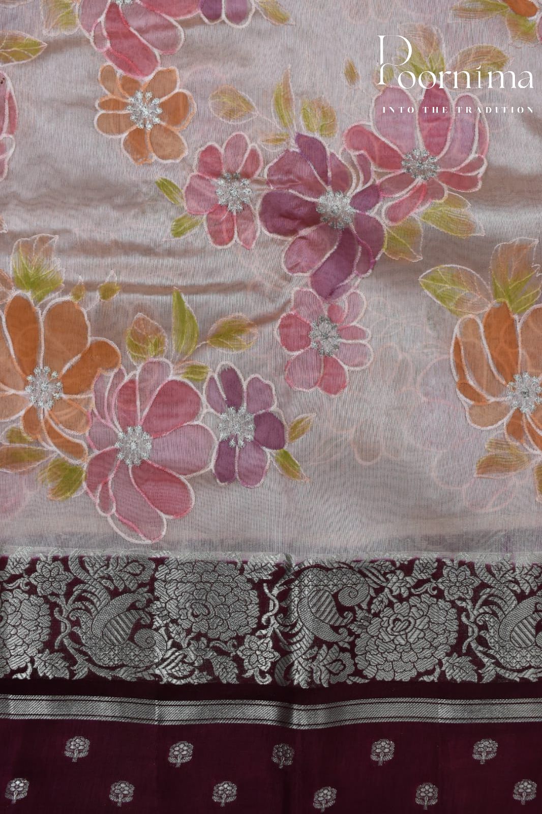 LIGHT ORANGE- PURE BANARASI APPLIQUE WORK SAREE