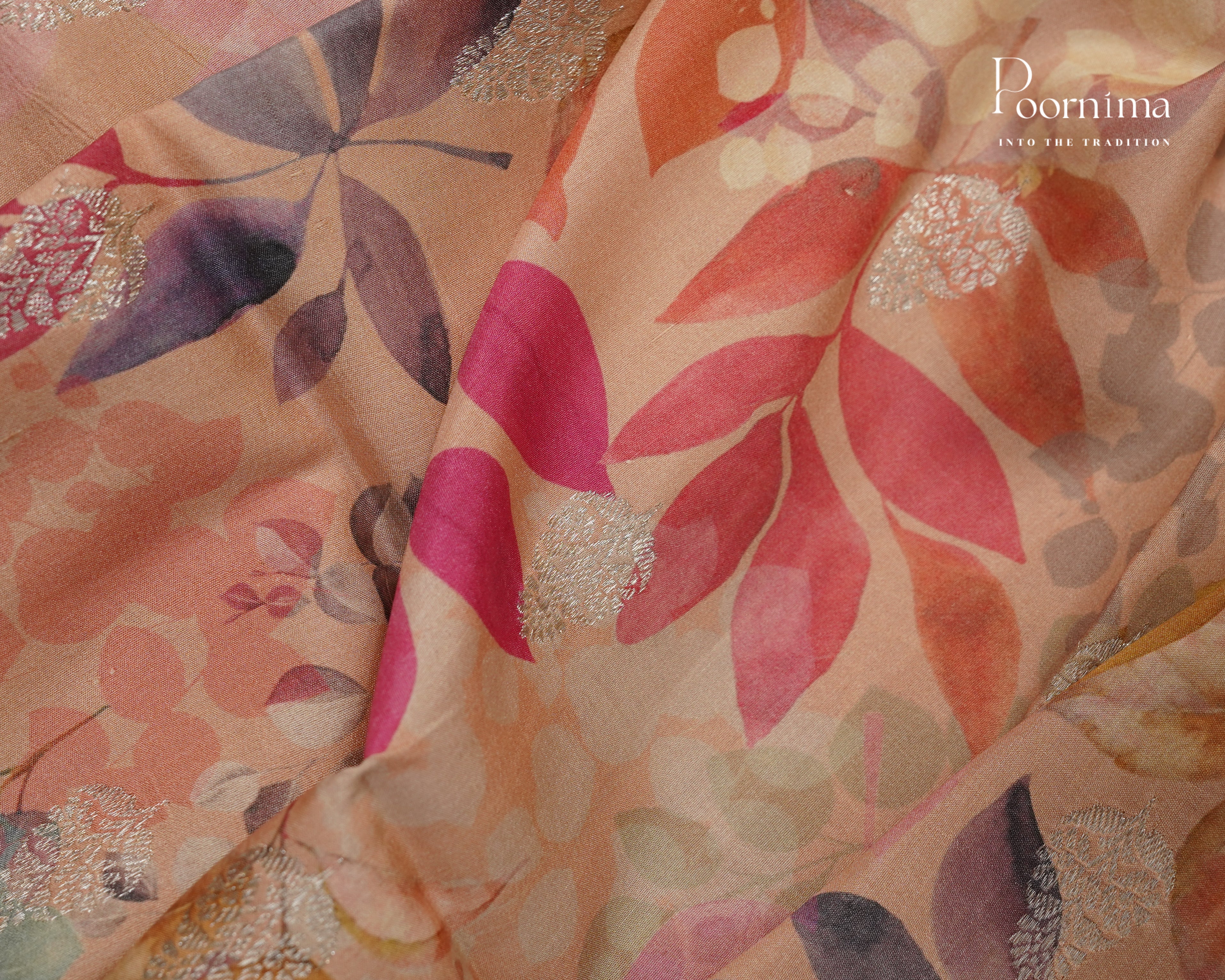 Pure Katan Pattu with digital printing and Zari Woven Border in light Peach colour
