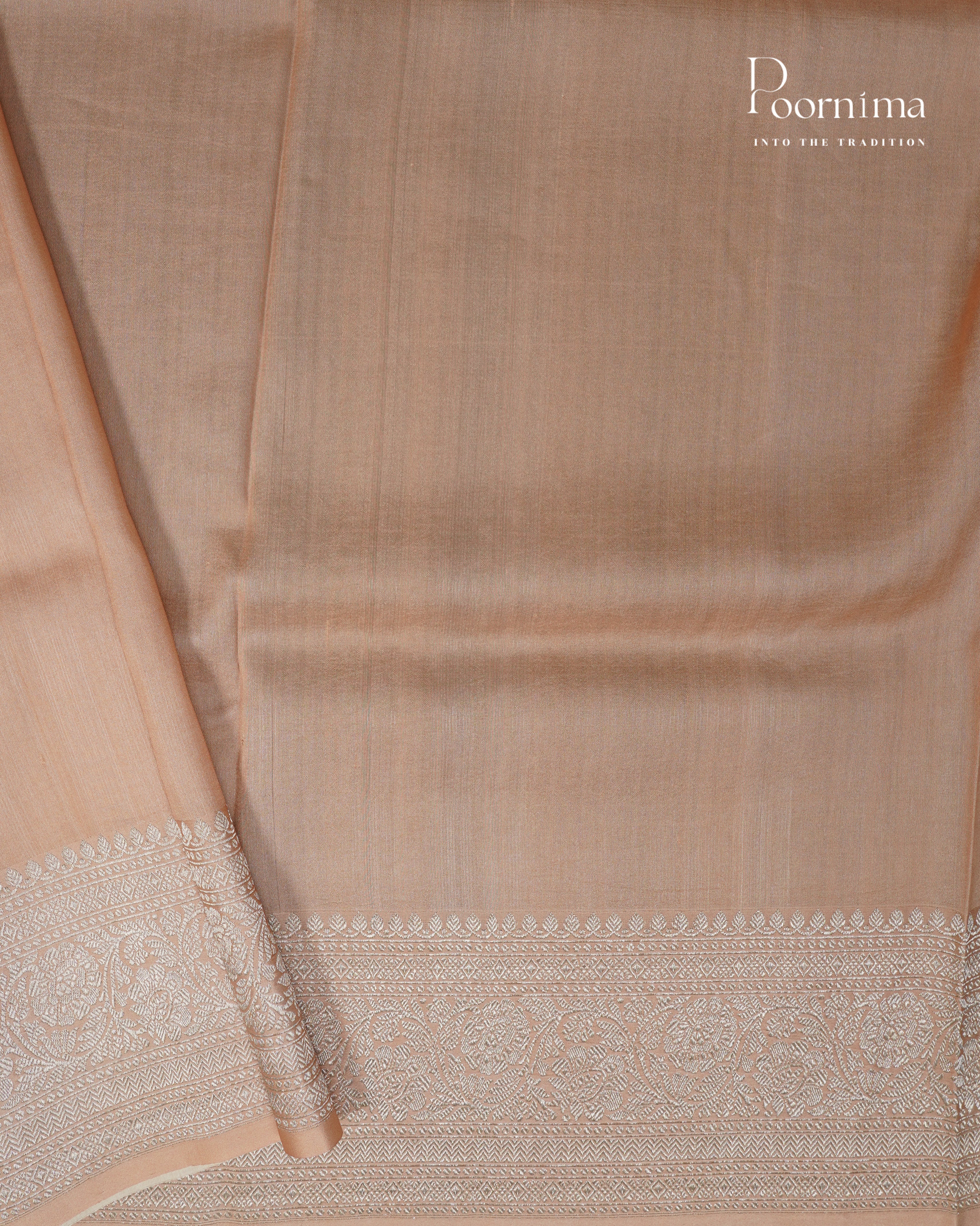 Pure Katan Pattu with digital printing and Zari Woven Border in light Peach colour
