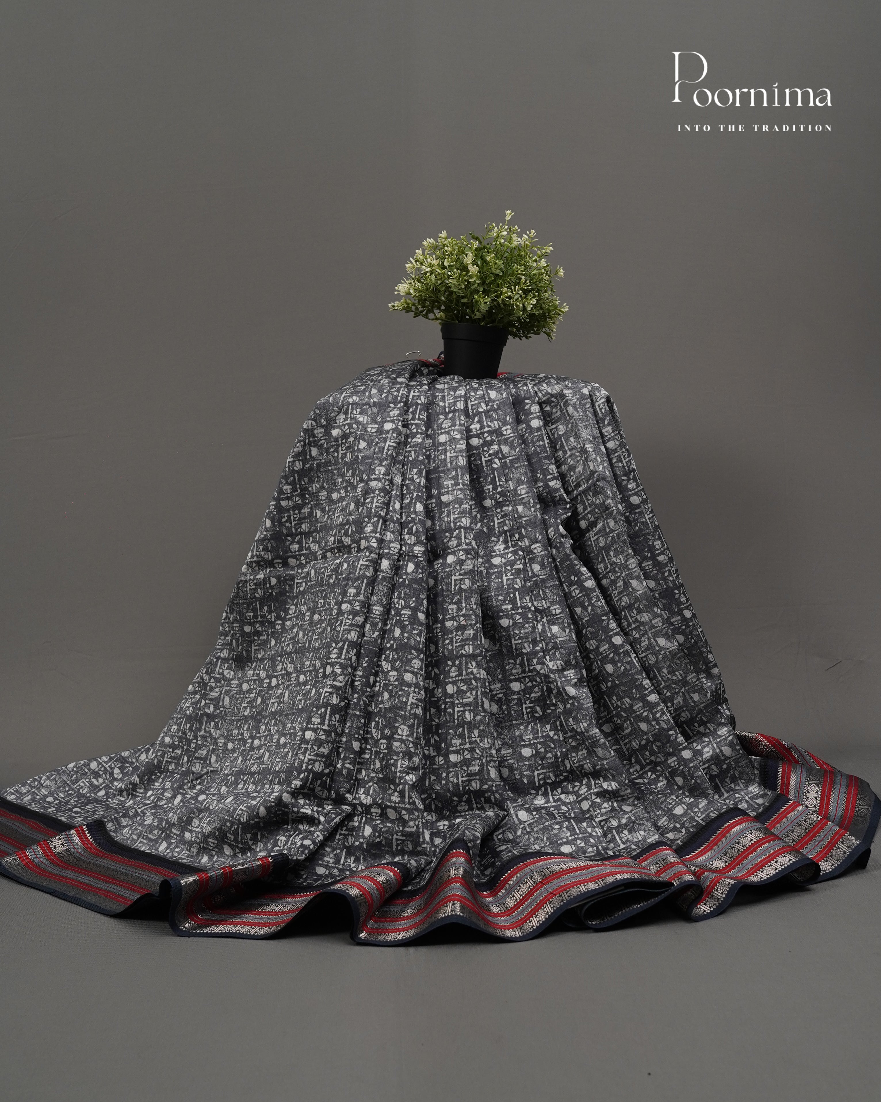 DARK GREY - SILK COTTON WITH ALLOVER DIGITAL PRINT AND VIDHARVA BORDER