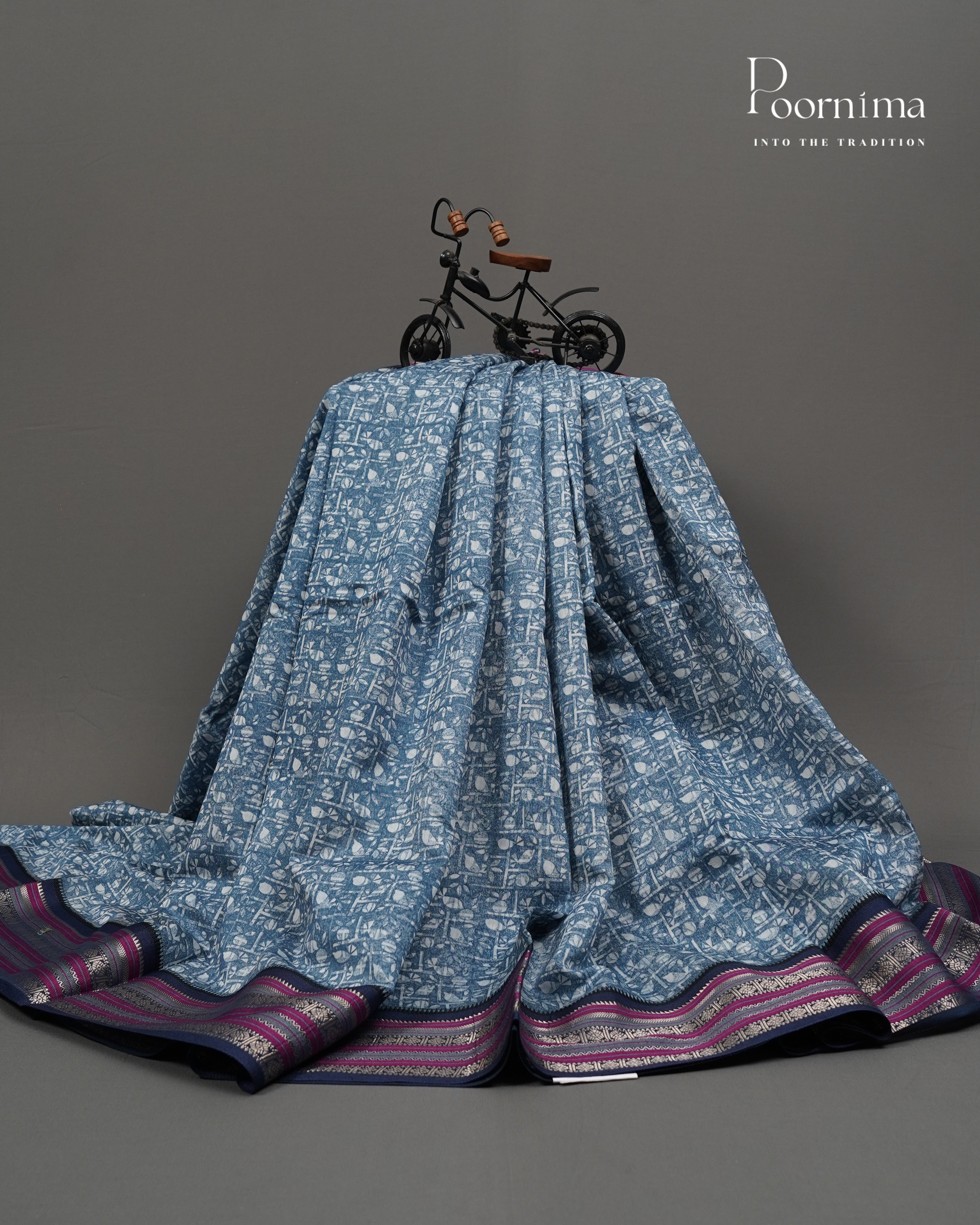 BLUE - SILK COTTON SAREE WITH ALLOVER DIGITAL PRINTING AND VIDHARVA BORDER