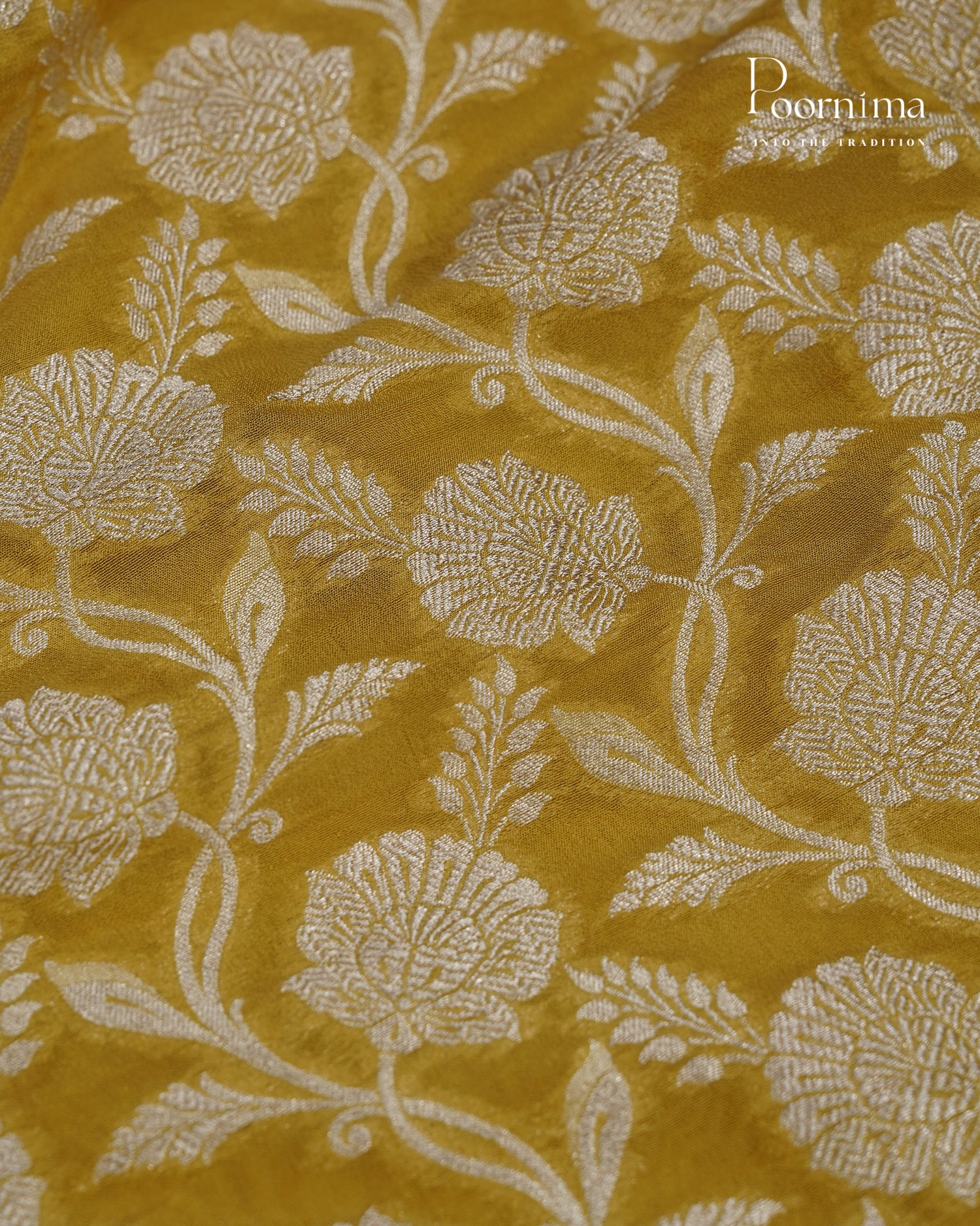 MUSTARD YELLOW - BENARASI CRUSHED GEORGETTE SAREE WITH ALL OVER ZARO WOVEN