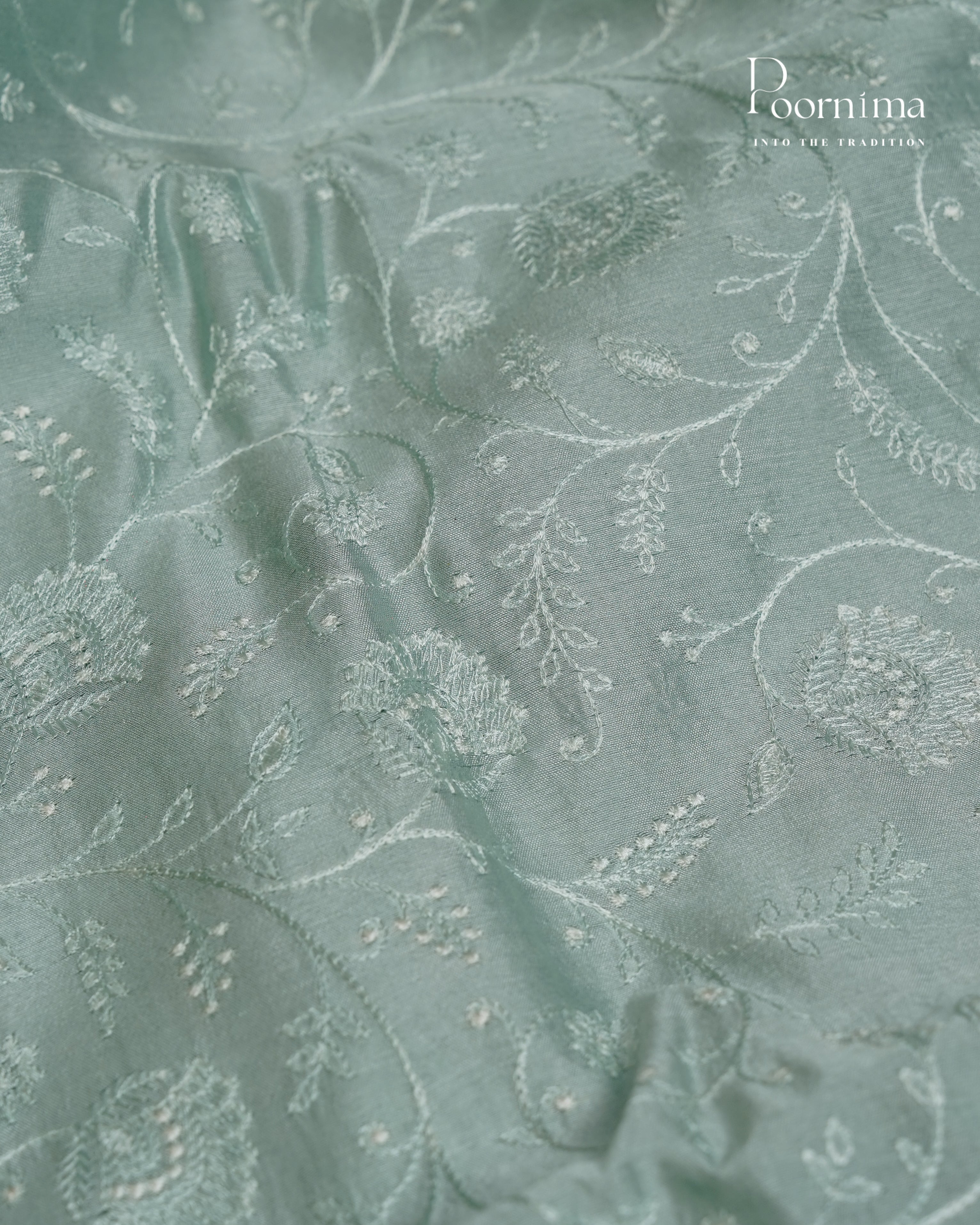 BLUE- CHANDERI CHICKENKARI WORK WITH HAND PAINTED BORDER