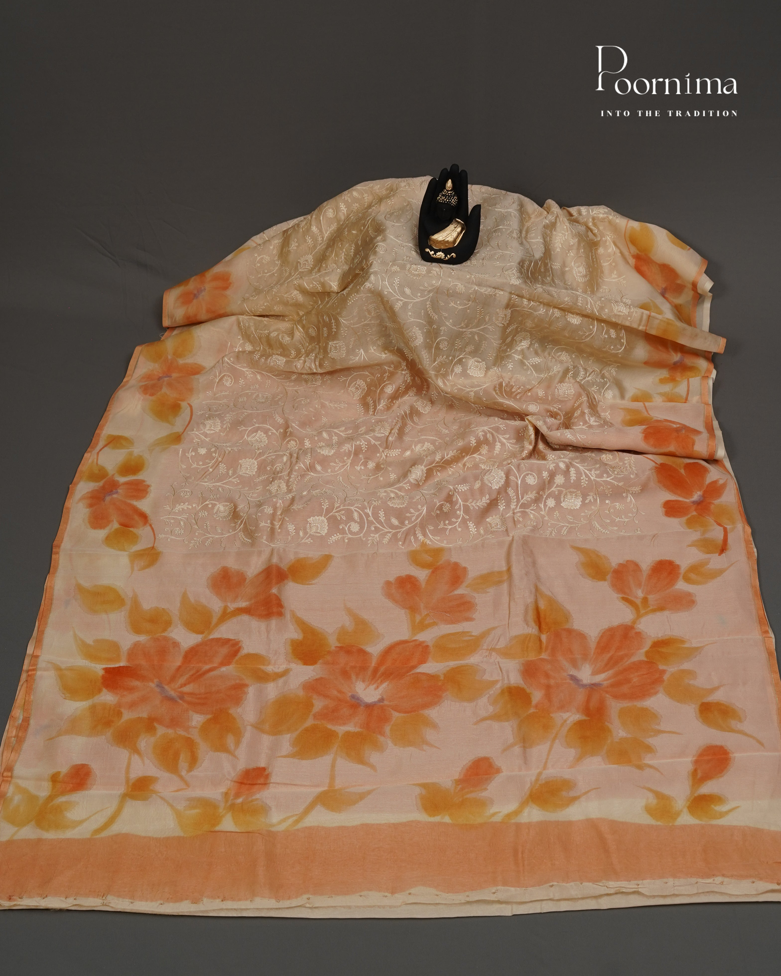 CREAM - CHANDERI CHICKENKARI WORK WITH HAND PAINTED BORDER