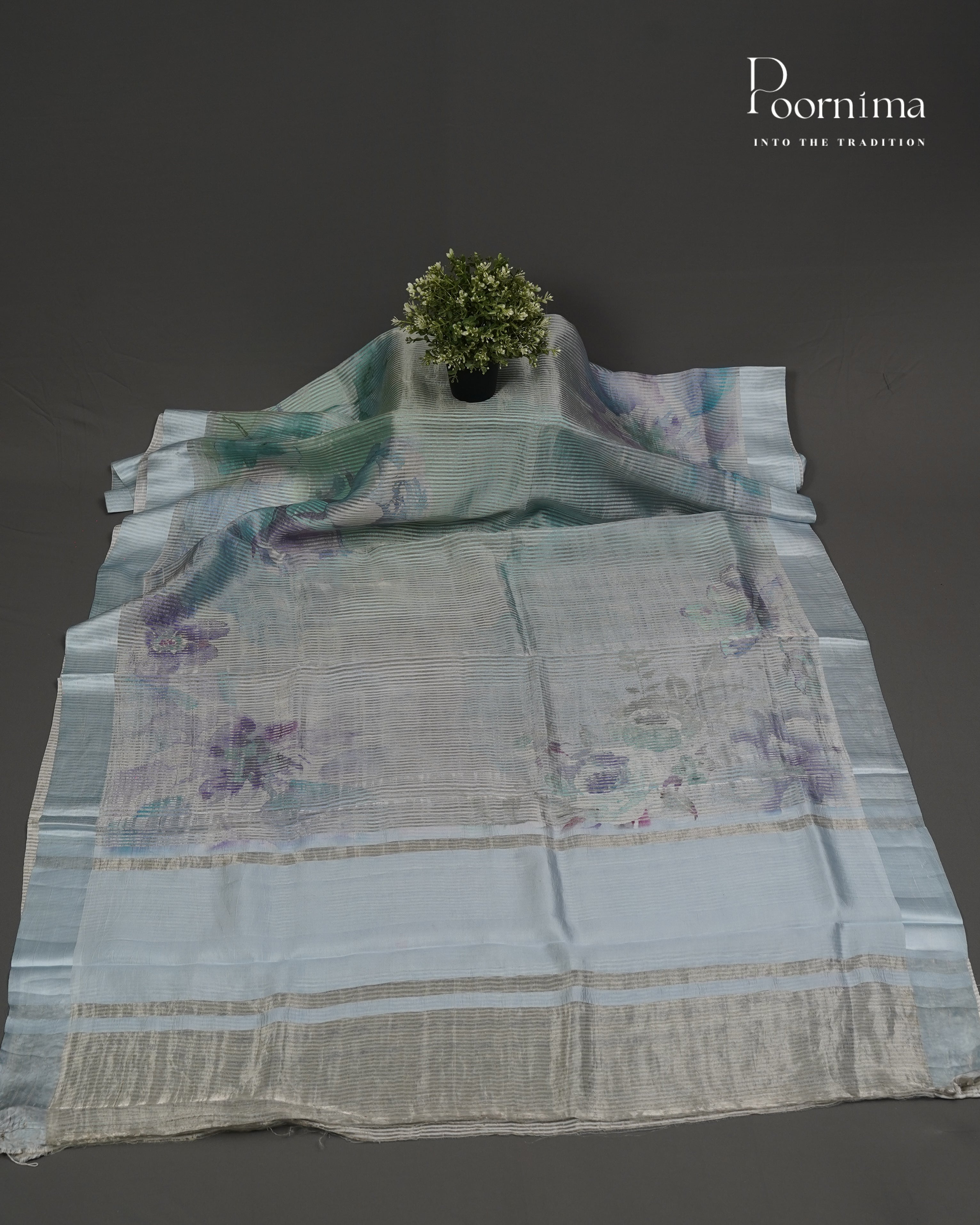 BLUE - PURE CHINIYA SILK SAREE WITH DIGITAL PRINT AND SATIN BORDER