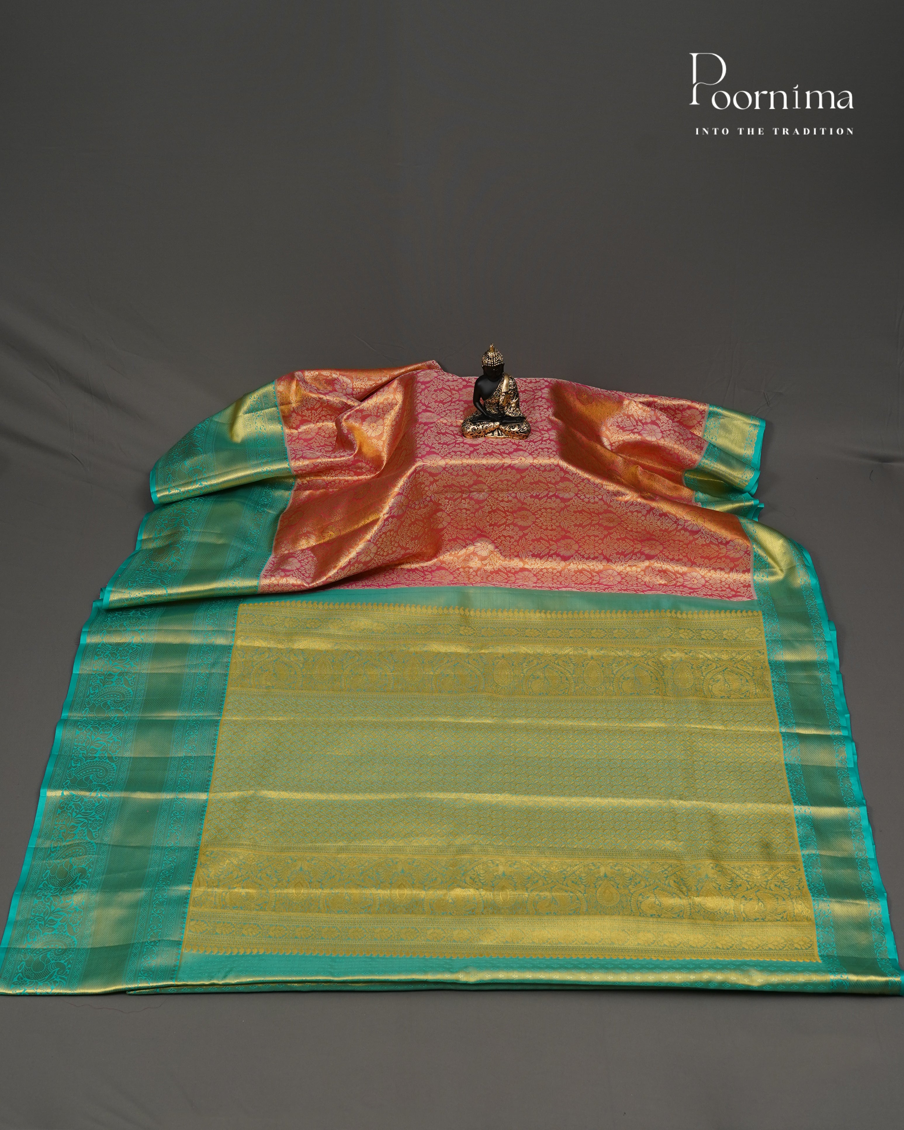 PURE KANJIVARAM SILK SAREE IN PEACH AND SEA GREEN COMBINATION WITH ALLOVER GOLD ZARI WOVEN