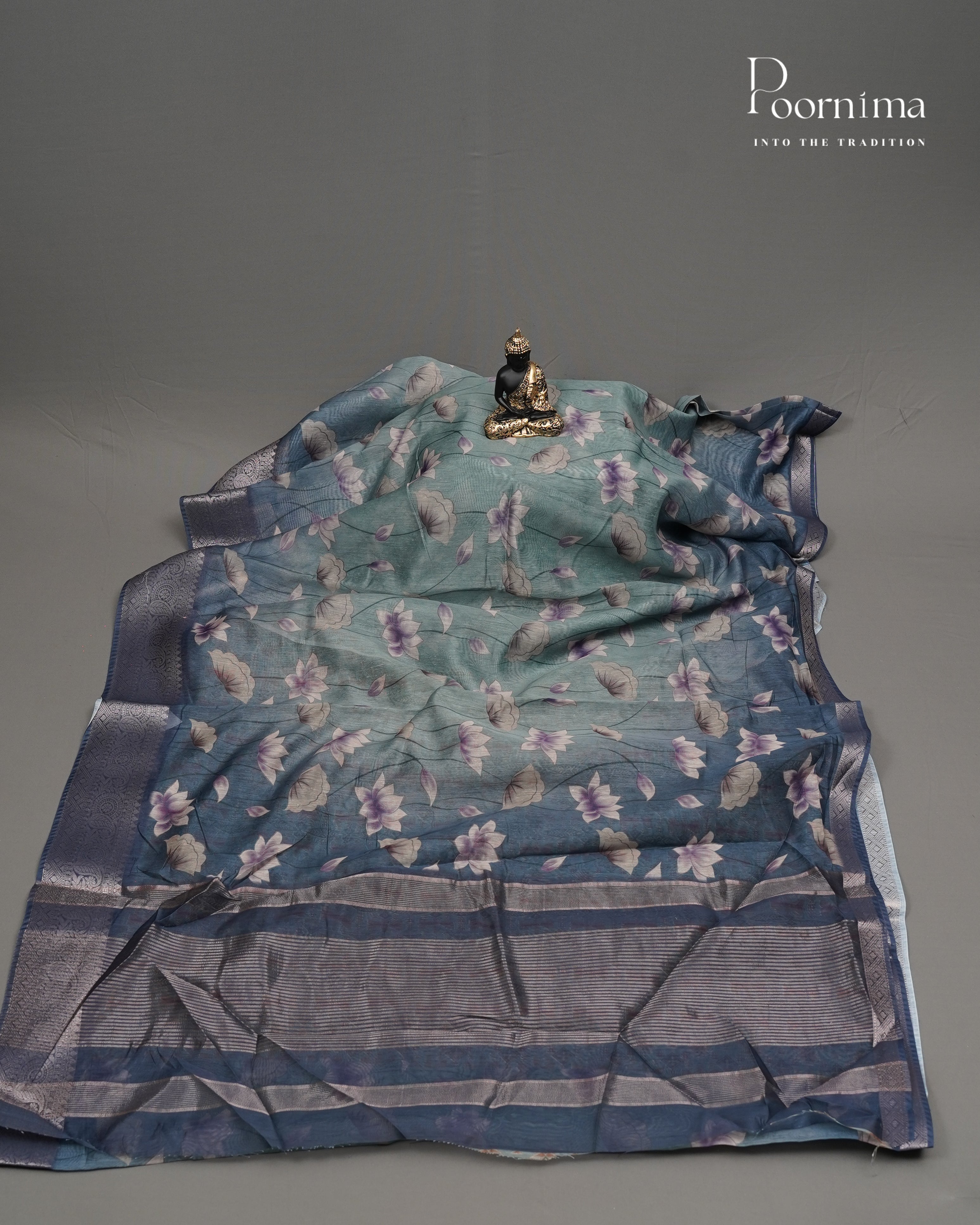 SEA GREEN AND BLUE SHADED - ELEGANT DAILY WEAR LINEN SAREE WITH ALLOVER PRINTS AND ZARI BORDER