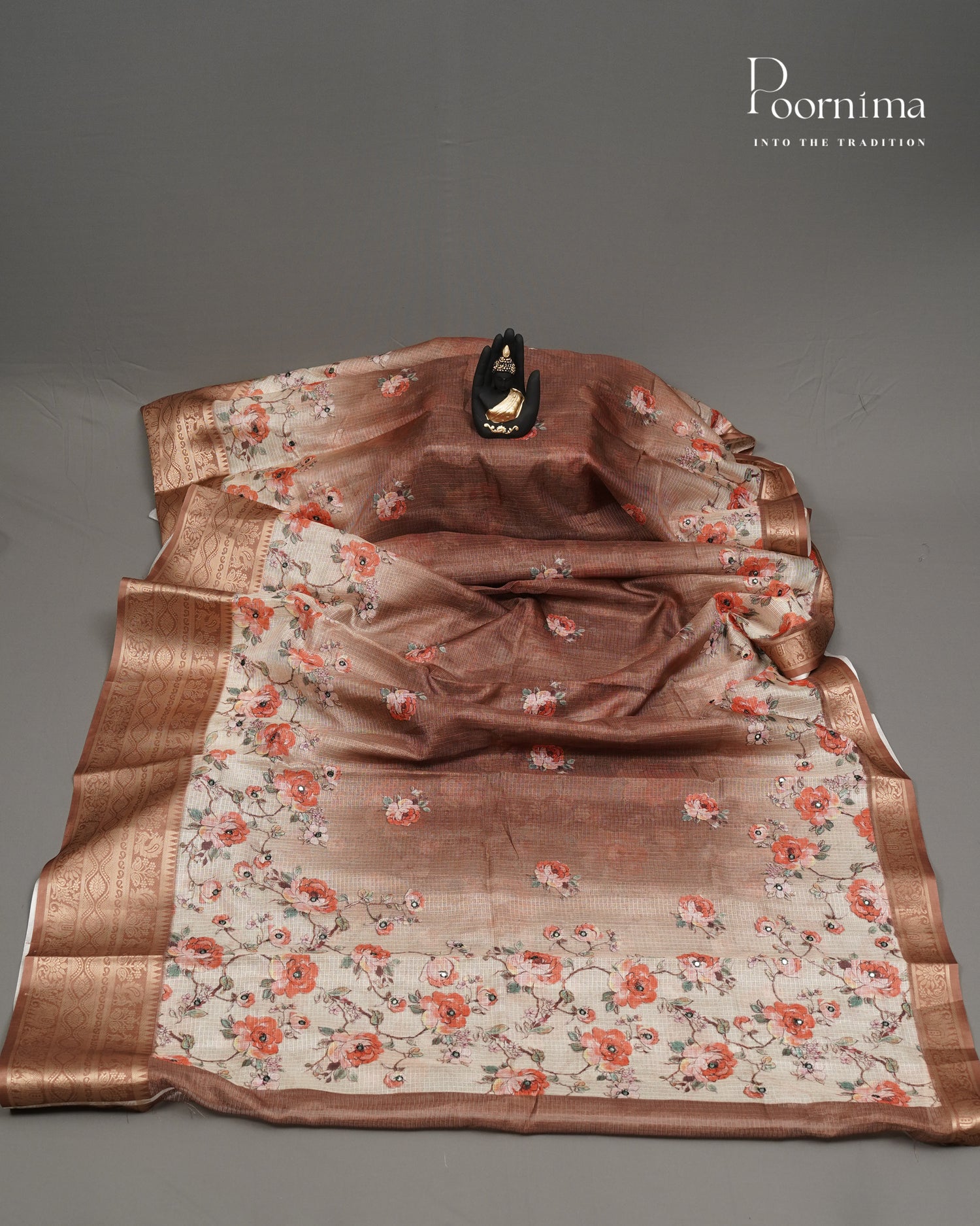 WHITE AND BROWN - STYLISH DAILY WEAR SEMI KOTA SAREE WITH MIRROR WORK & ALLOVER PRINTS & CONTRAST BIG ZARI BORDER