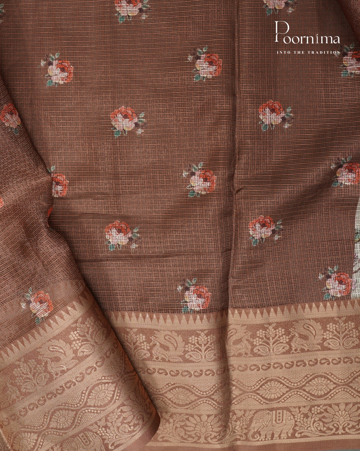 WHITE AND BROWN - STYLISH DAILY WEAR SEMI KOTA SAREE WITH MIRROR WORK & ALLOVER PRINTS & CONTRAST BIG ZARI BORDER