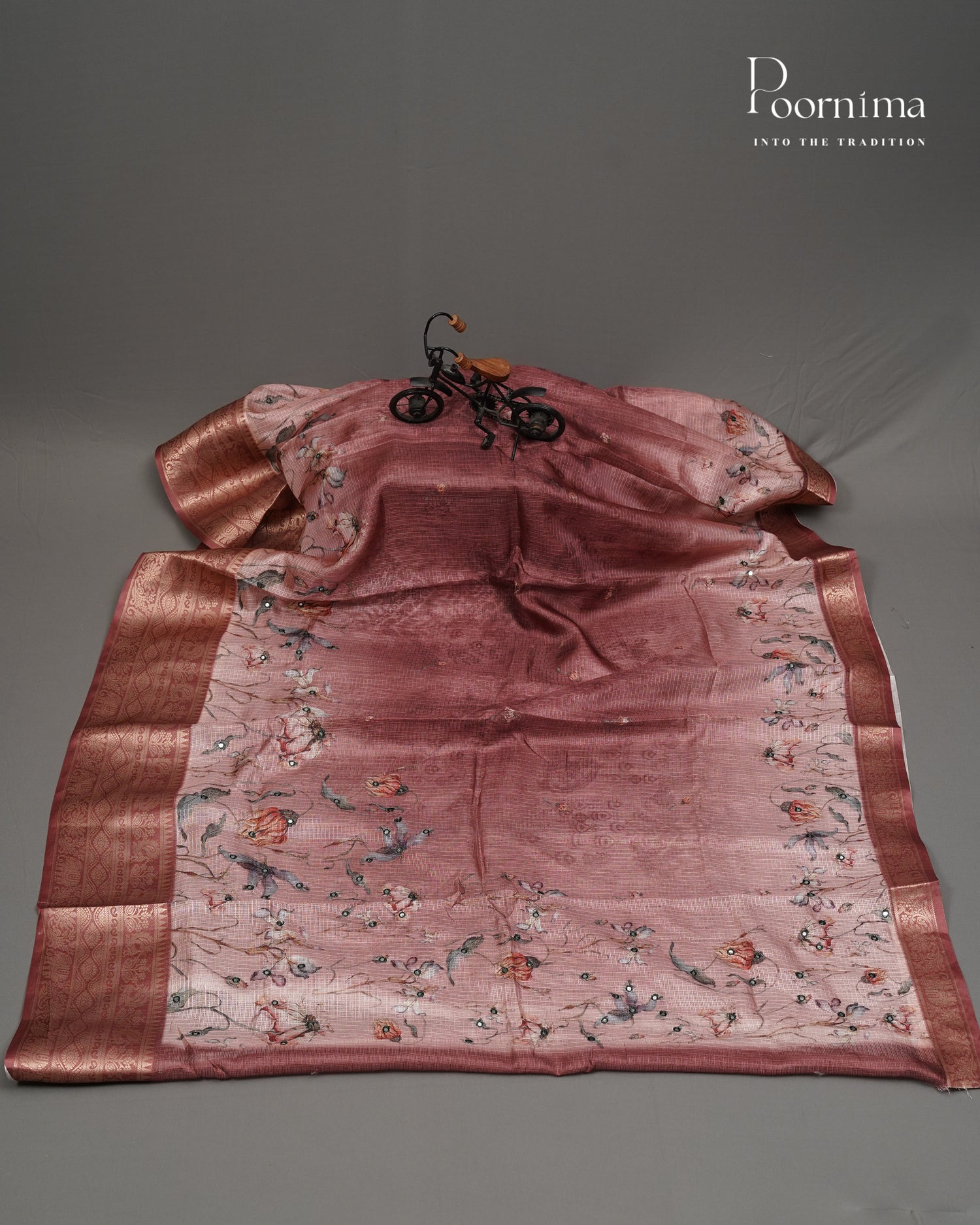 STYLISH DAILY WEAR SEMI KOTA SAREE WITH MIRROR WORK & ALLOVER PRINTS & CONTRAST BIG ZARI BORDER