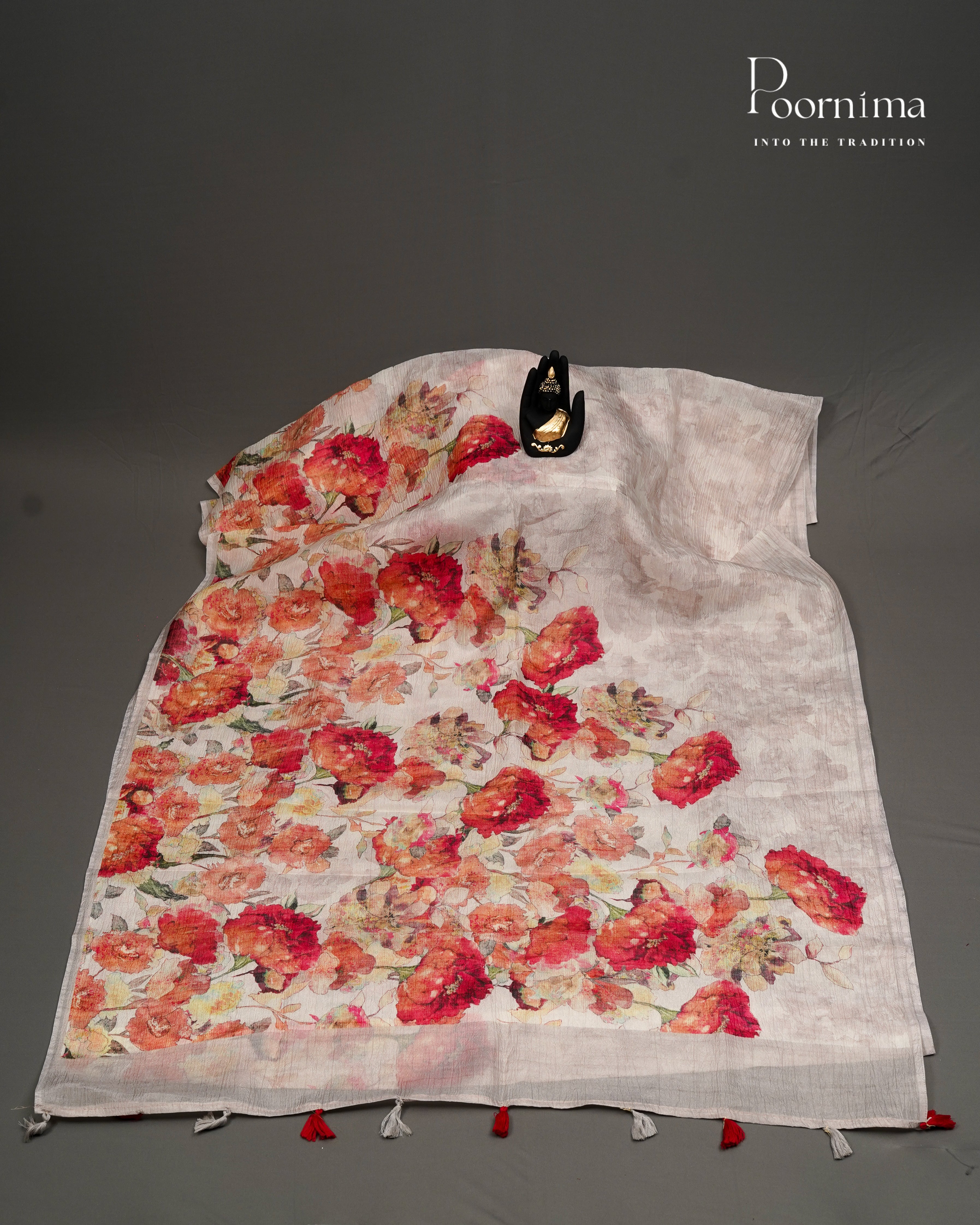 WHITE - CRUSHED LINEN OFFICE WEAR SAREE WITH FLORAL PRINTS AND BORDERLESS DESIGN