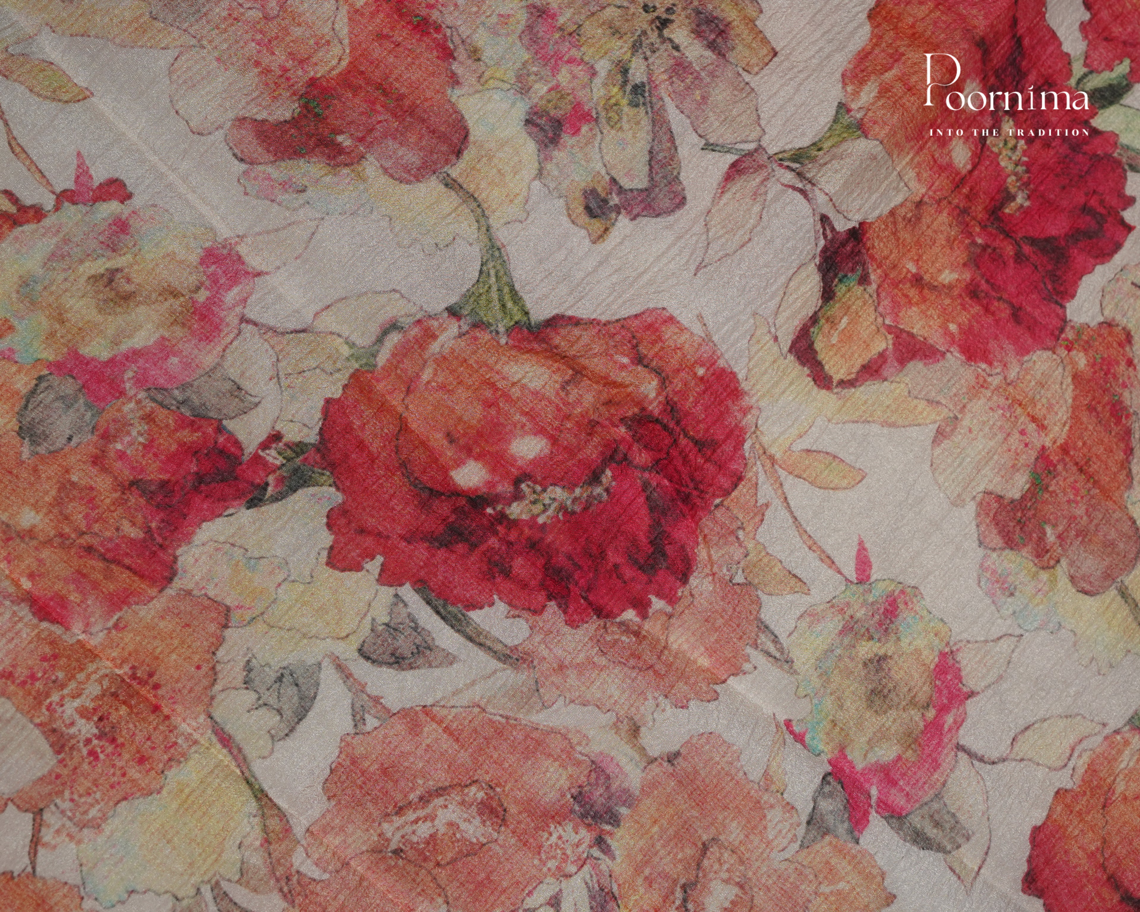 WHITE - CRUSHED LINEN OFFICE WEAR SAREE WITH FLORAL PRINTS AND BORDERLESS DESIGN