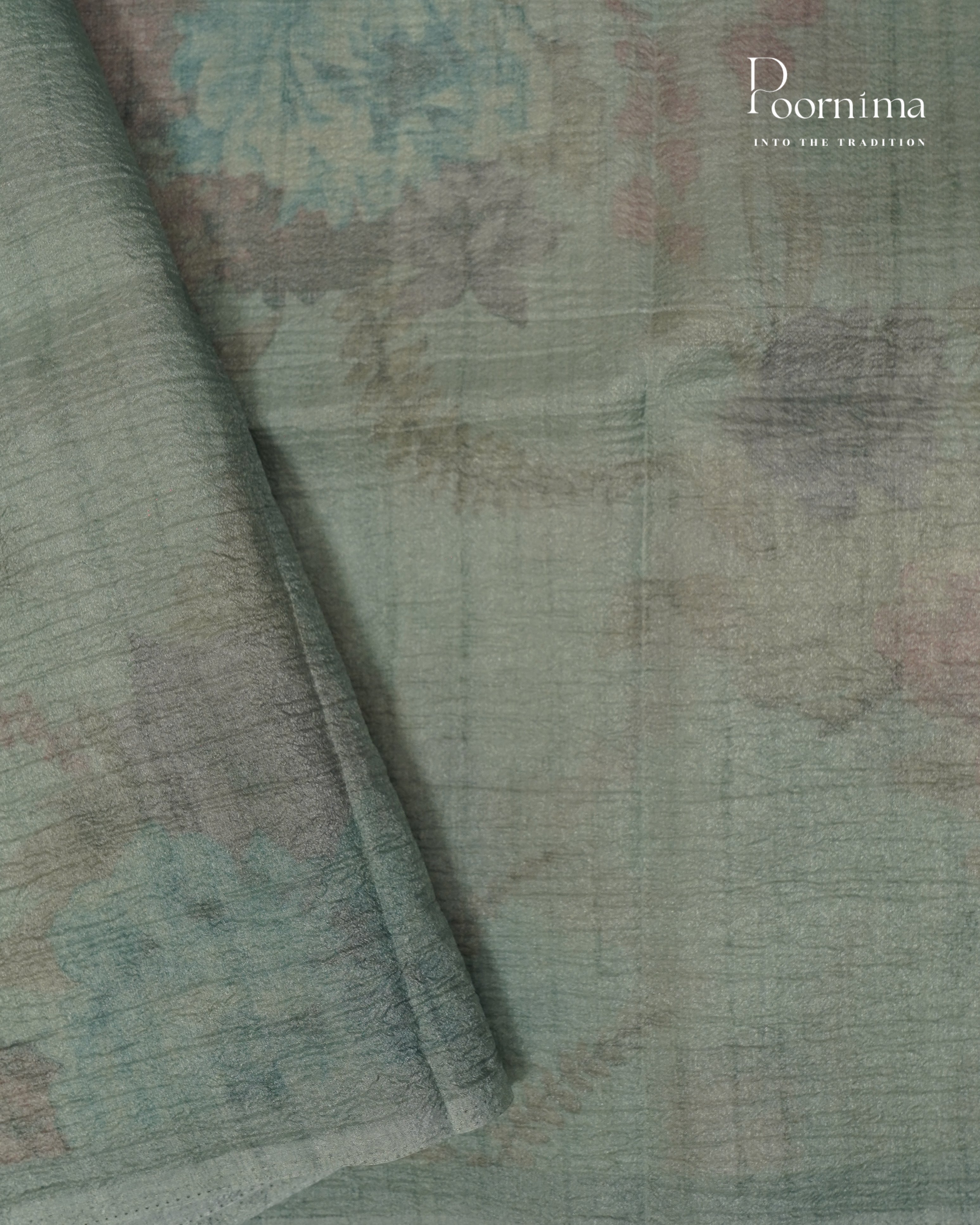 PISTA GREEN - CRUSHED LINEN OFFICE WEAR SAREE WITH FLORAL PRINTS AND BORDERLESS DESIGN