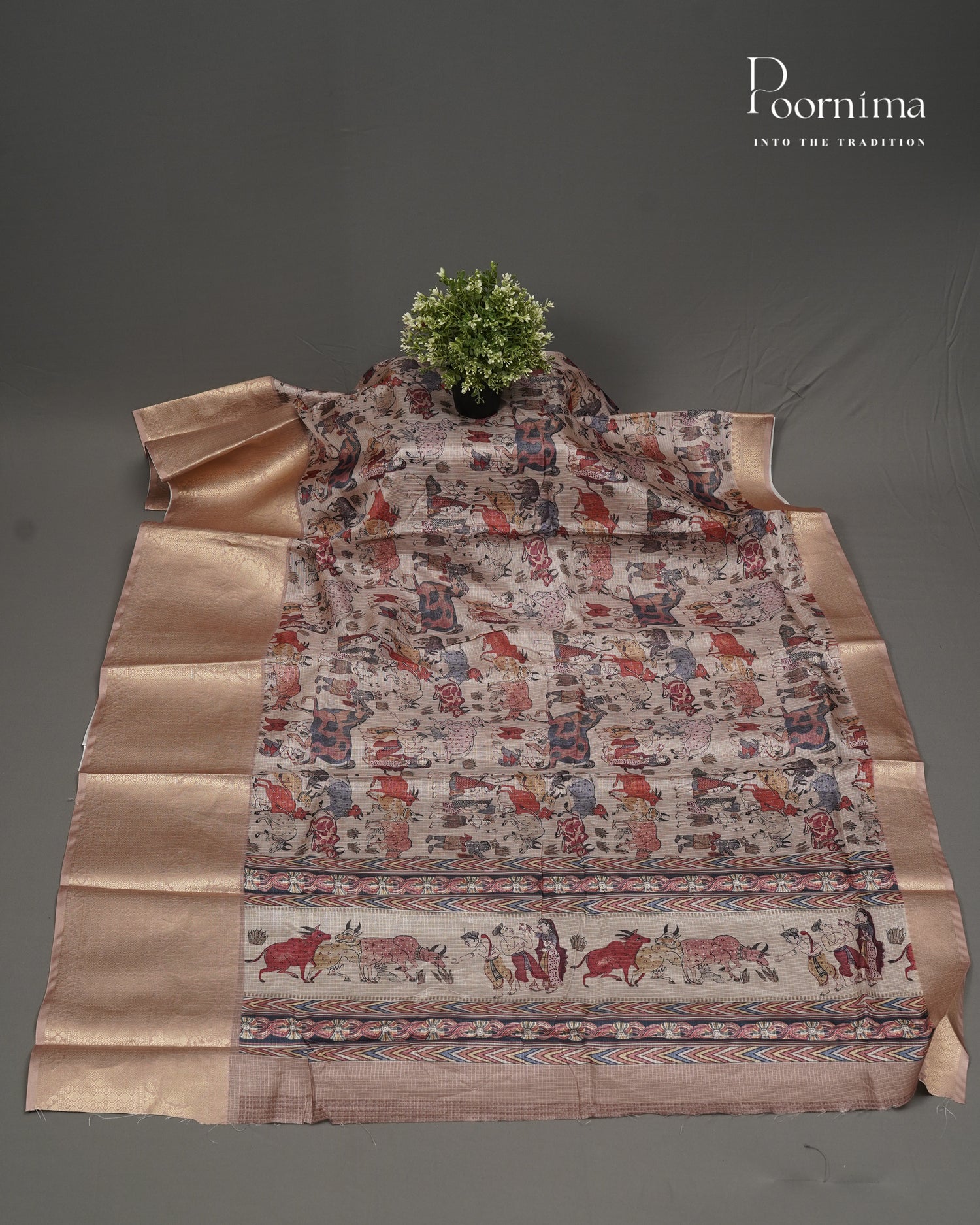 BEIGE & BROWN - GRACEFUL SEMI KOTA DAILY WEAR SAREE WITH ALLOVER VILLAGE PRINTS & BIG ZARI BORDER