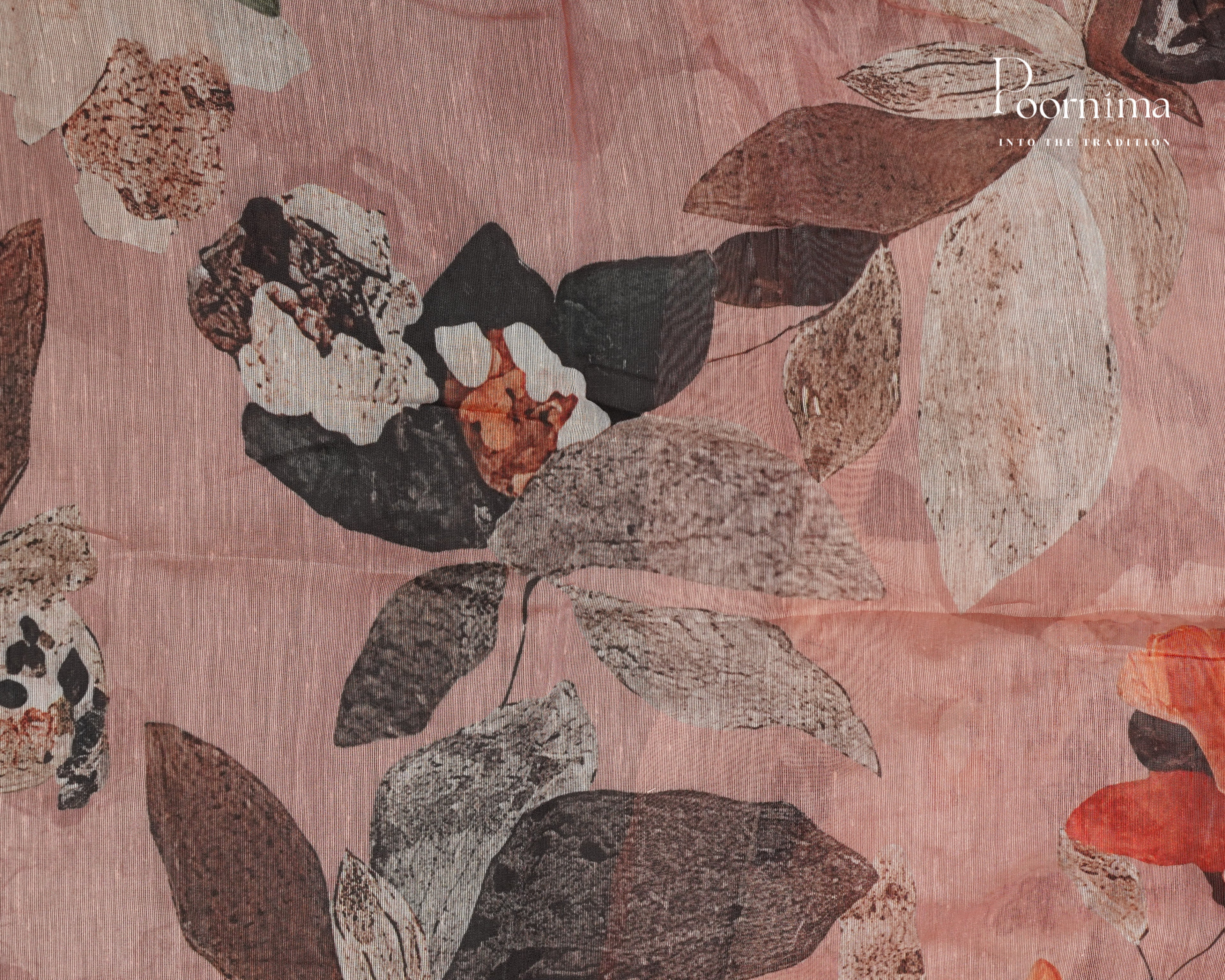 PEACH - LINEN OFFICE WEAR SAREE WITH FLORAL PRINTS AND BORDERLESS DESIGN