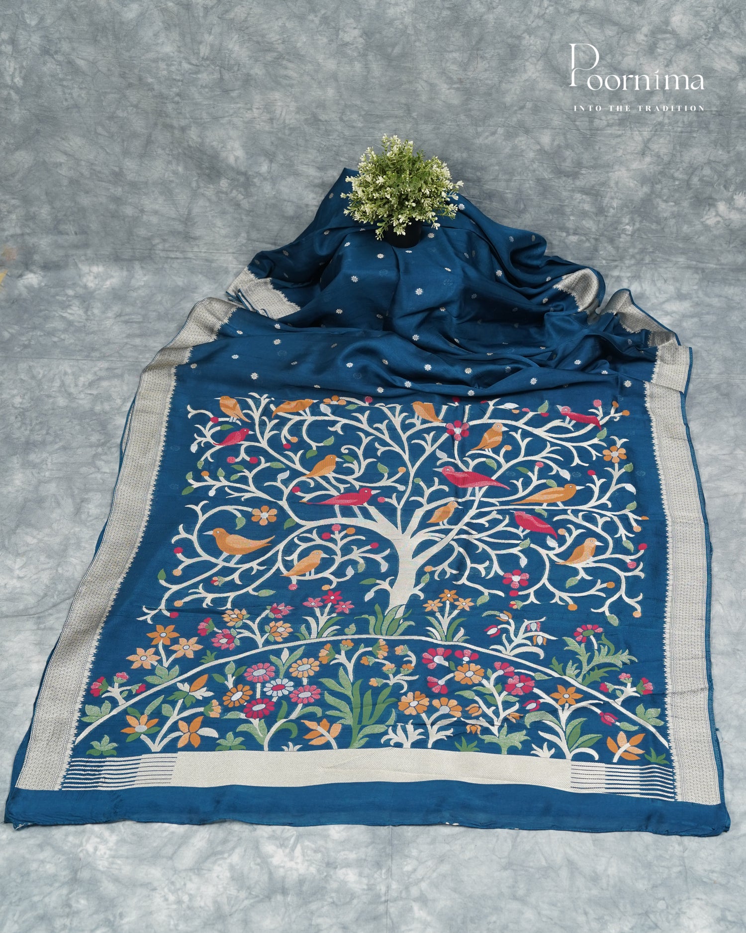 TUSSAR GRORGETTE SAREE WITH MEENAKARI PALLU IN BLUE COLOUR