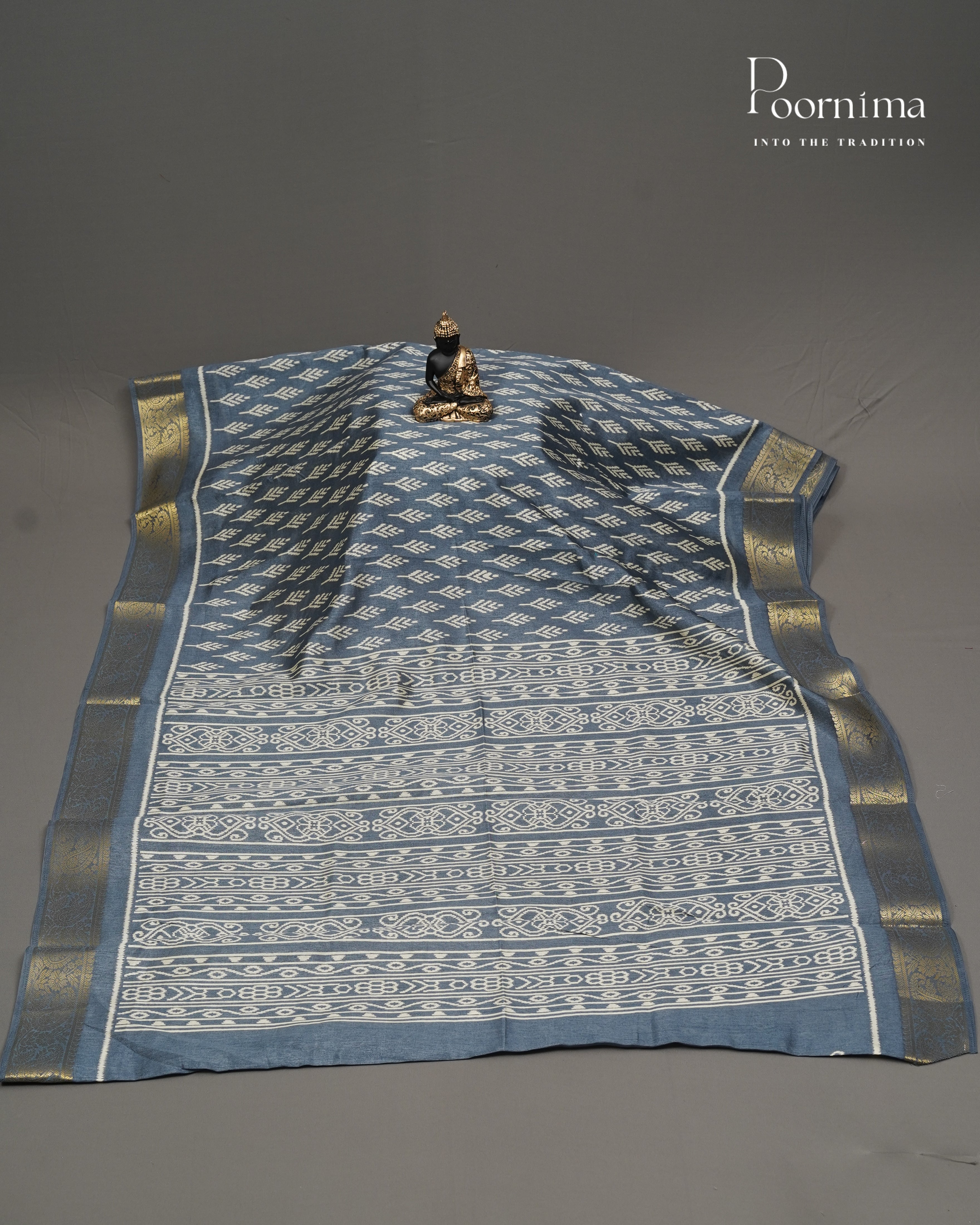 ELEPHANT GREY - CHANDERI COTTON SAREE WITH ALLOVER PRINTS AND ZARI WOVEN BORDER