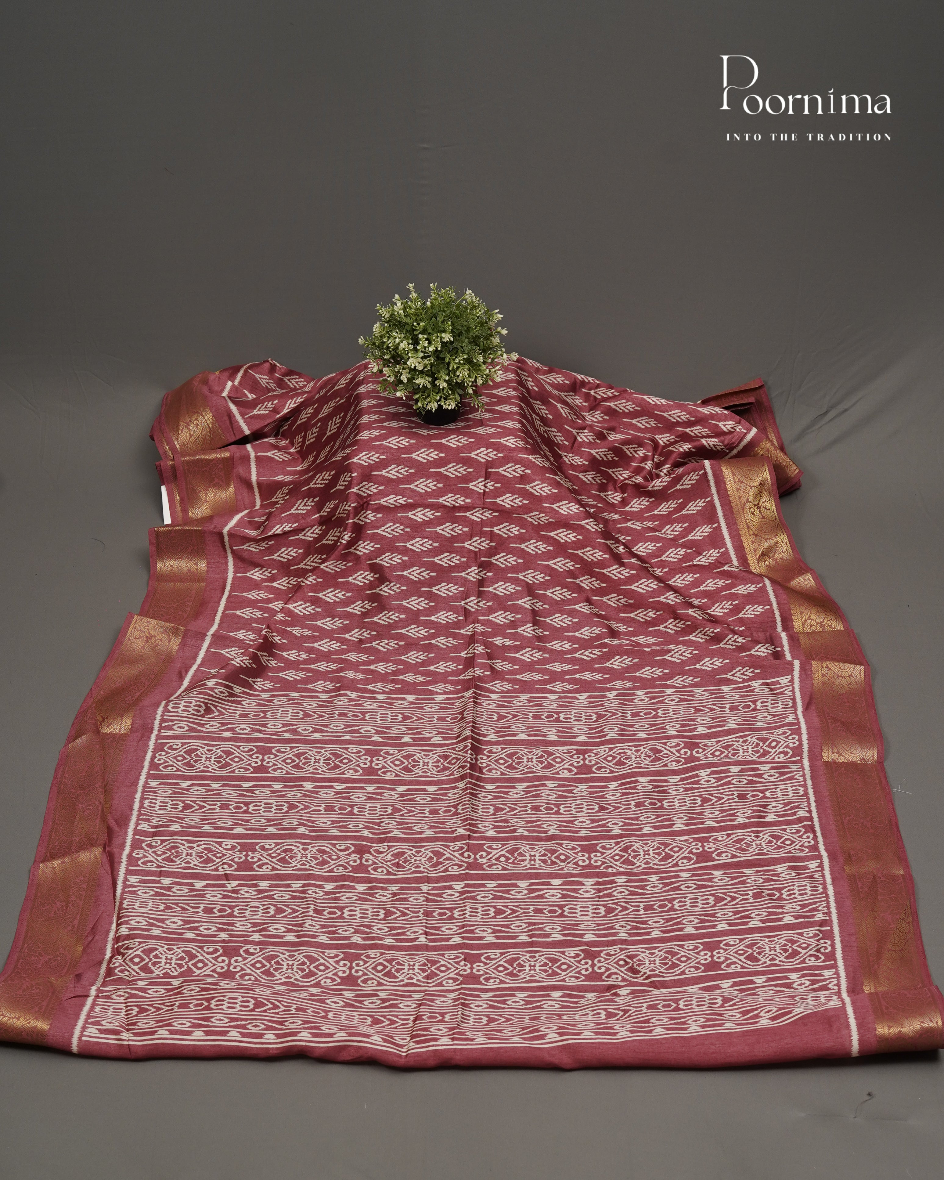 BRICK RED - CHANDERI COTTON SAREE WITH ALLOVER PRINTS AND ZARI WOVEN BORDER
