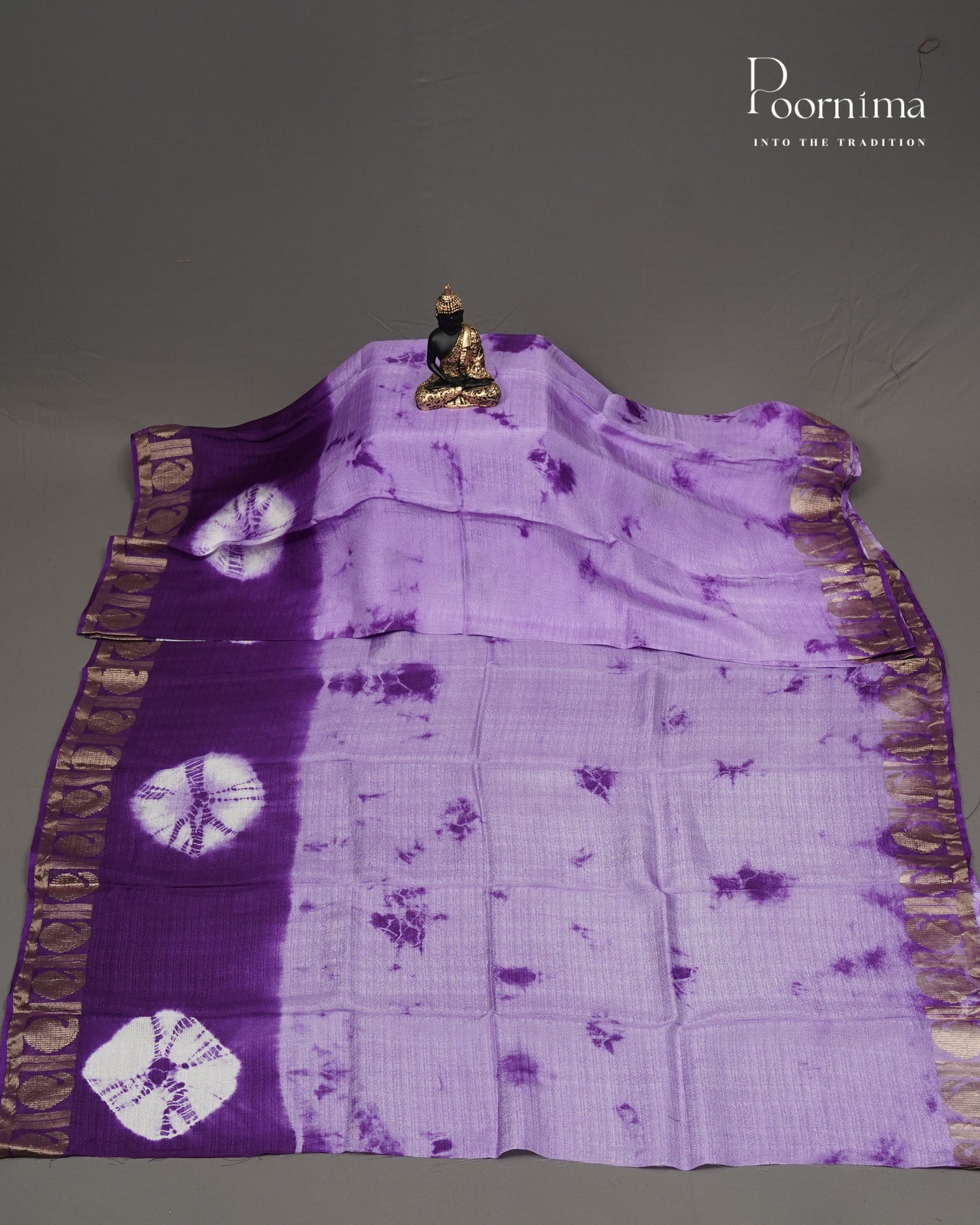LAVENDER & VIOLET - JUTE GEORGETTE SAREE WITH ALLOVER TIE-DYE DESIGN AND GOLD ZARI BORDER