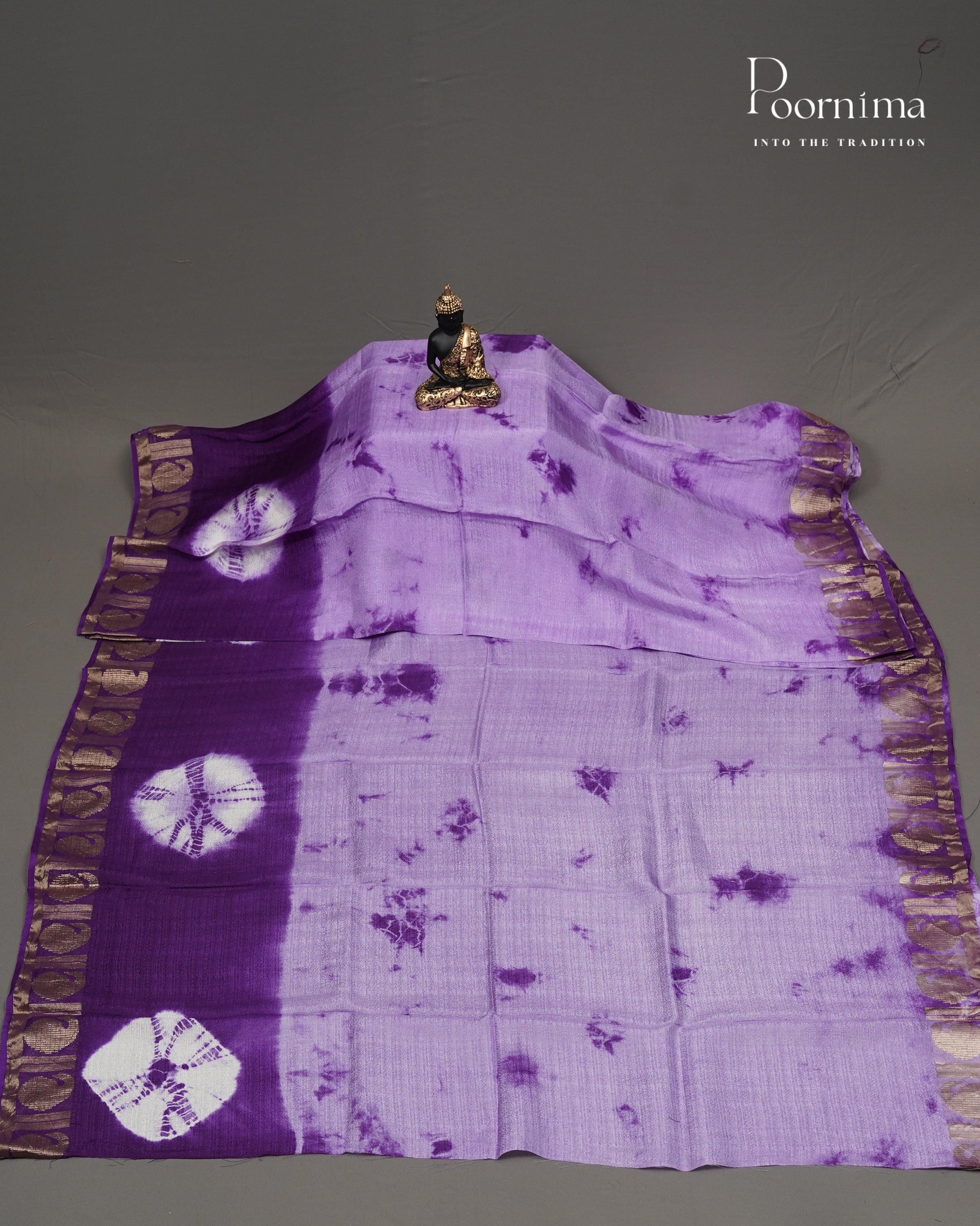 LAVENDER & VIOLET - JUTE GEORGETTE SAREE WITH ALLOVER TIE-DYE DESIGN AND GOLD ZARI BORDER