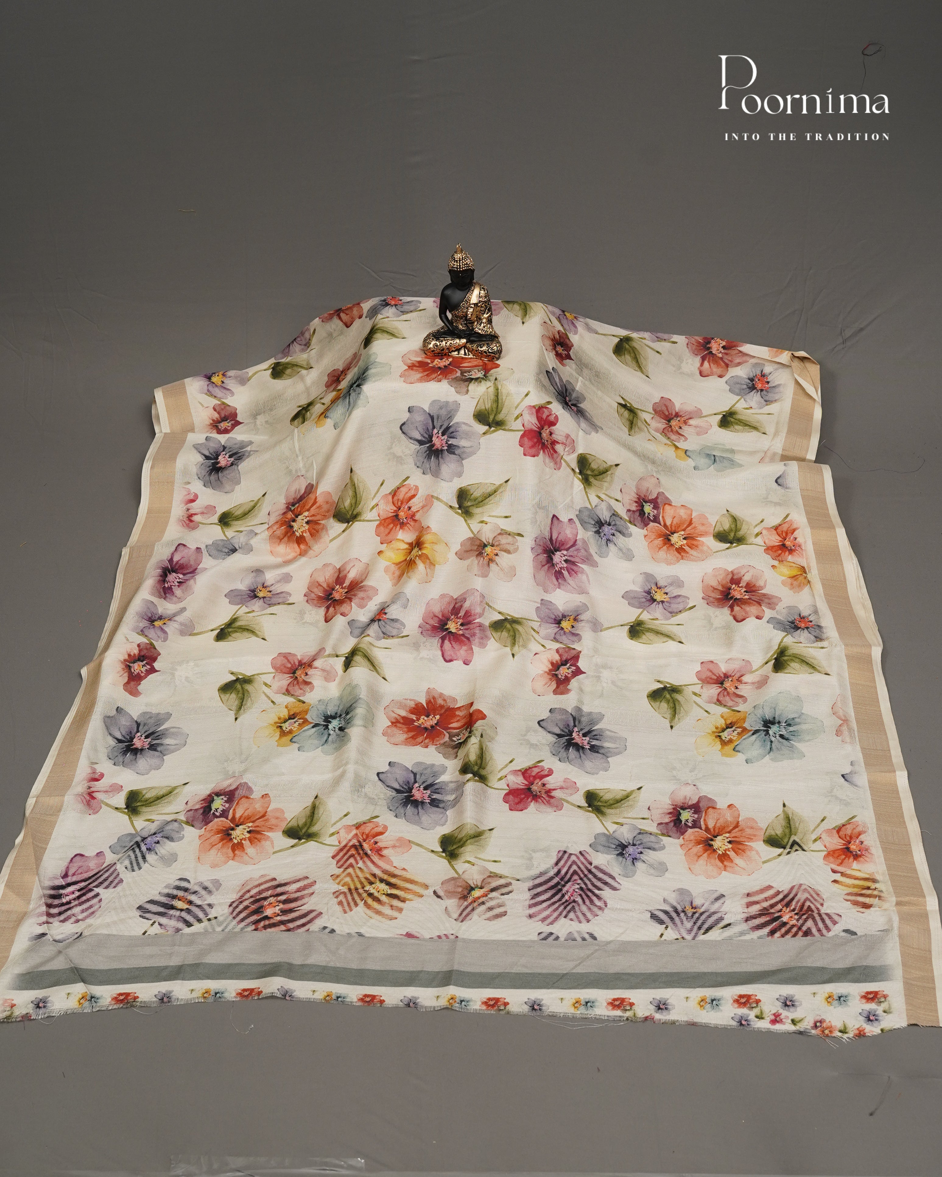 WHITE - LINEN SAREE WITH ALLOVER DIGITAL PRINT AND ZARI BORDER