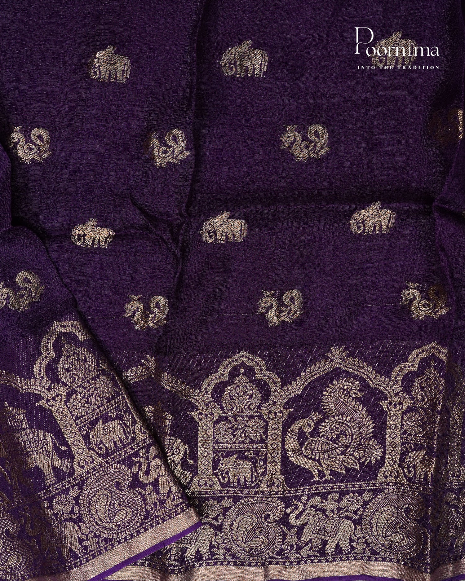 VISCOSE GEORGETTE SAREE IN WHITE & VIOLET WITH ALLOVER SHIBORI DESIGN, GOLD ZARI BUTTI AND ZARI BODER