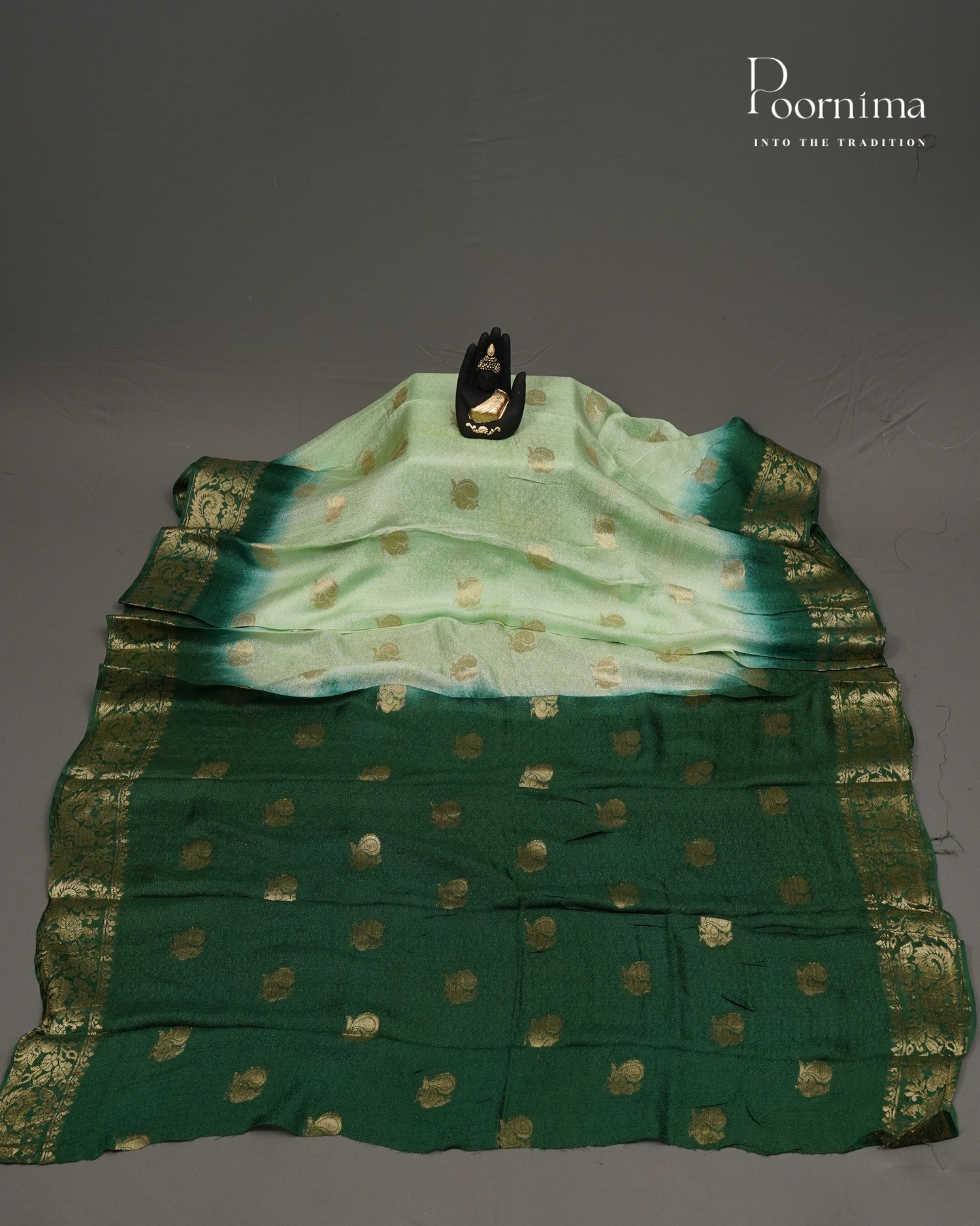 VISCOSE GEORGETTE SAREE IN PISTA GREEN & DARK GREEN WITH ALLOVER GOLD ZARI BUTTI AND ZARI BODER