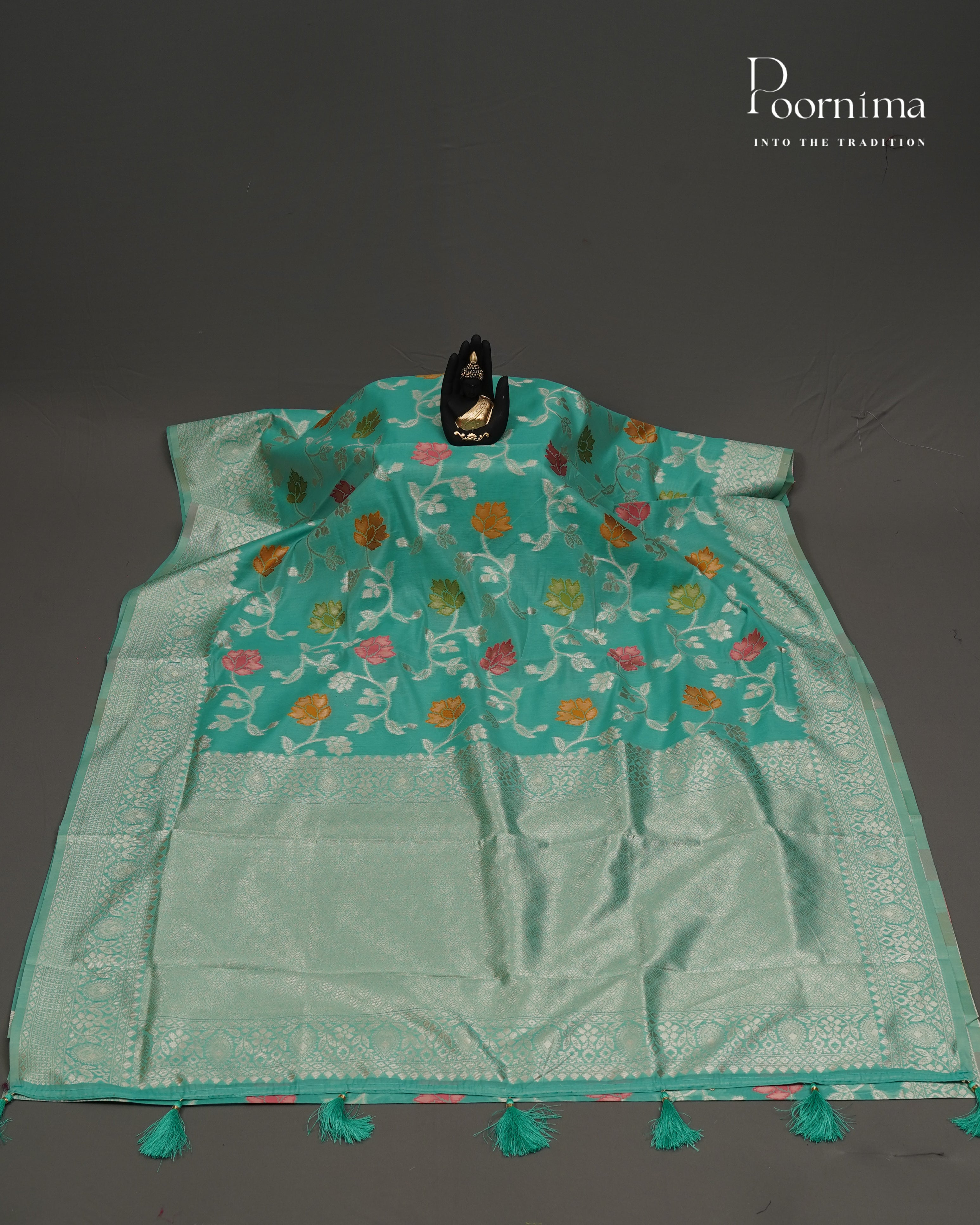 SEA GREEN - BANARASI CHANDERI SAREE WITH ALLOVER FLORAL ZARI AND MEENAKARI WORK