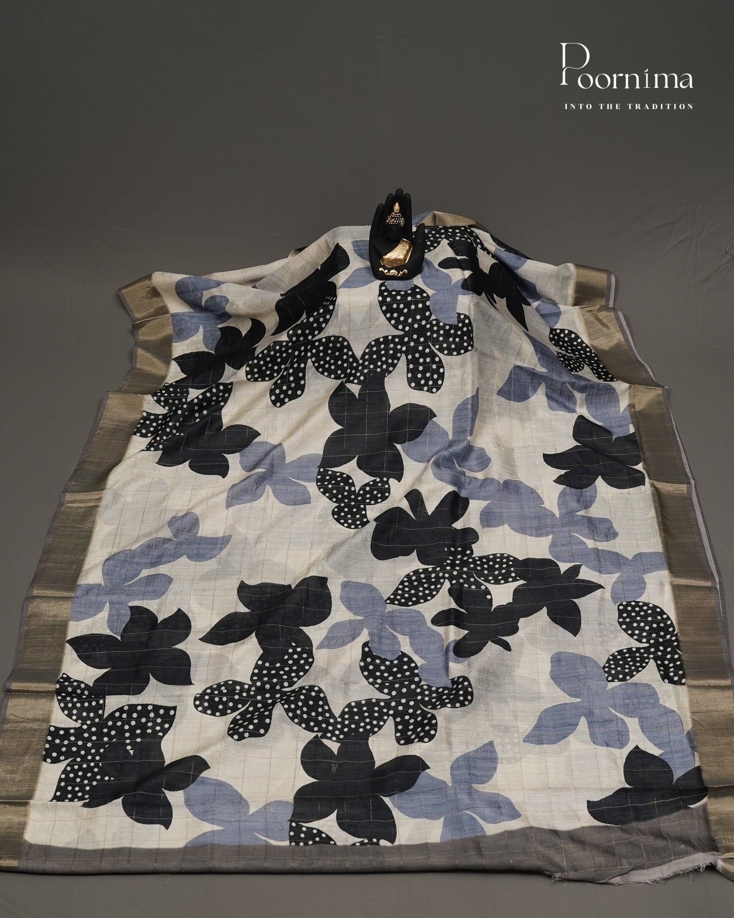 WHITE AND GREY - SEMI TUSSAR SAREE WITH ALLOVER  PRINT, ZARI CHECKS AND ZARI BORDER