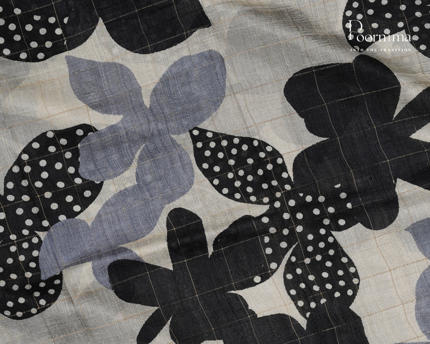 WHITE AND GREY - SEMI TUSSAR SAREE WITH ALLOVER  PRINT, ZARI CHECKS AND ZARI BORDER