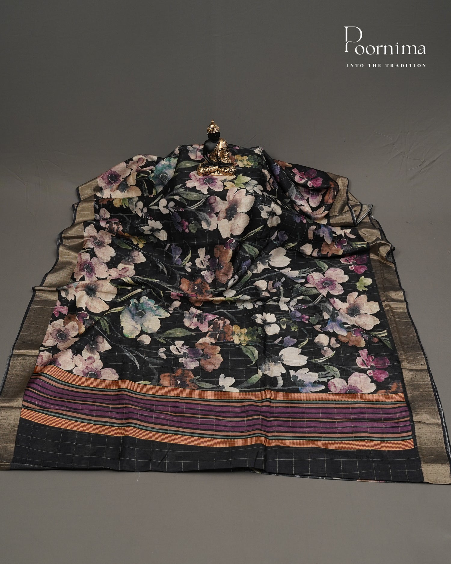 BLACK - SEMI TUSSAR SAREE WITH ALLOVER PRINT, ZARI CHECKS AND ZARI BORDER