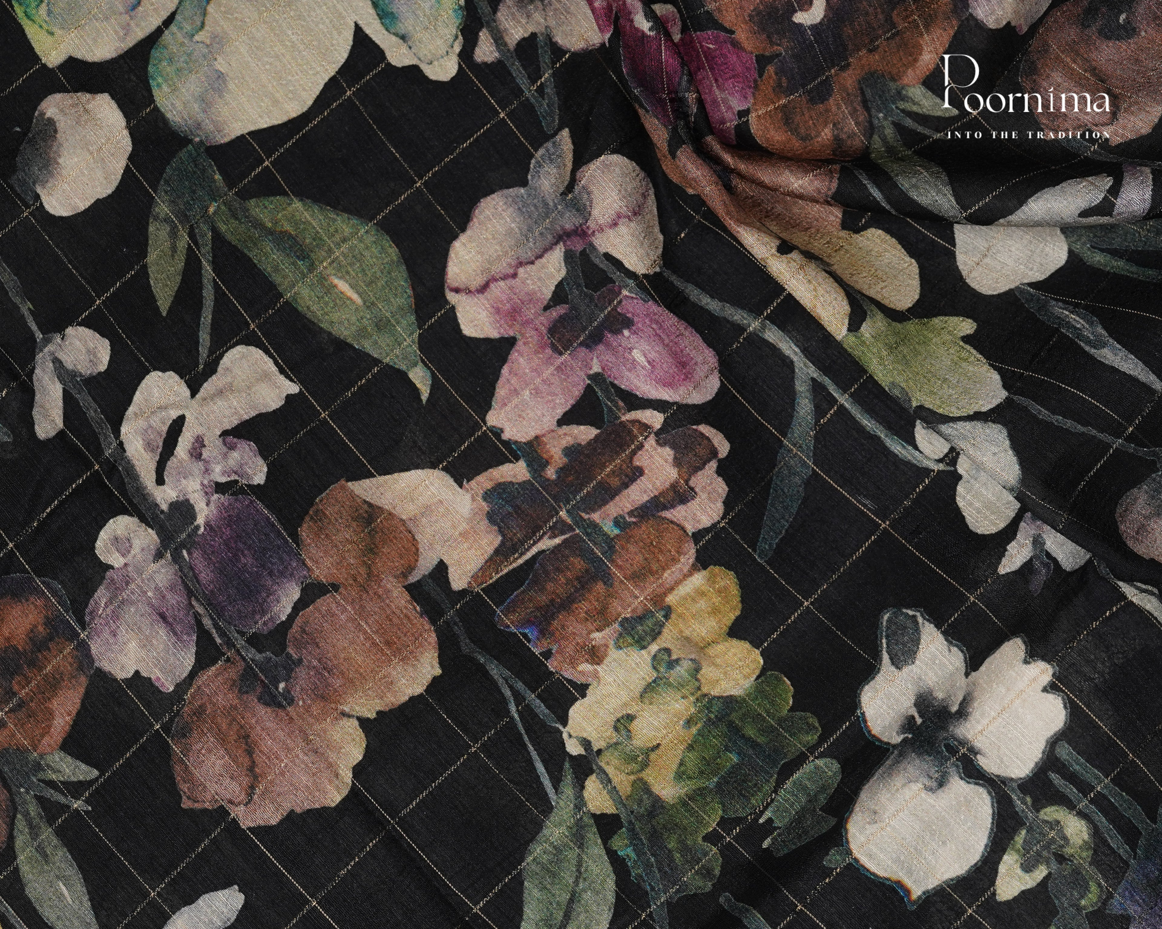 BLACK - SEMI TUSSAR SAREE WITH ALLOVER PRINT, ZARI CHECKS AND ZARI BORDER