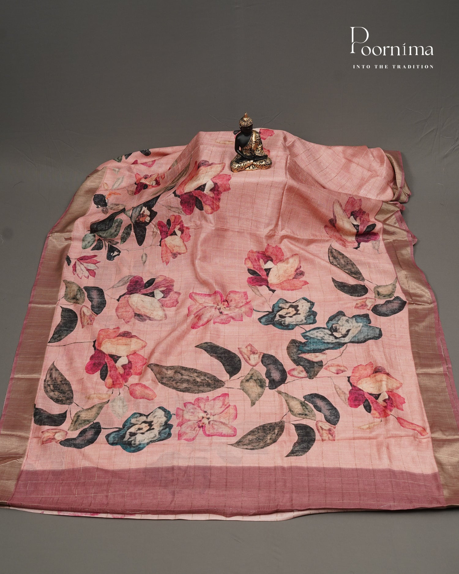 PEACH & ONION PINK - SEMI TUSSAR SAREE WITH ALLOVER PRINT, ZARI CHECKS AND ZARI BORDER