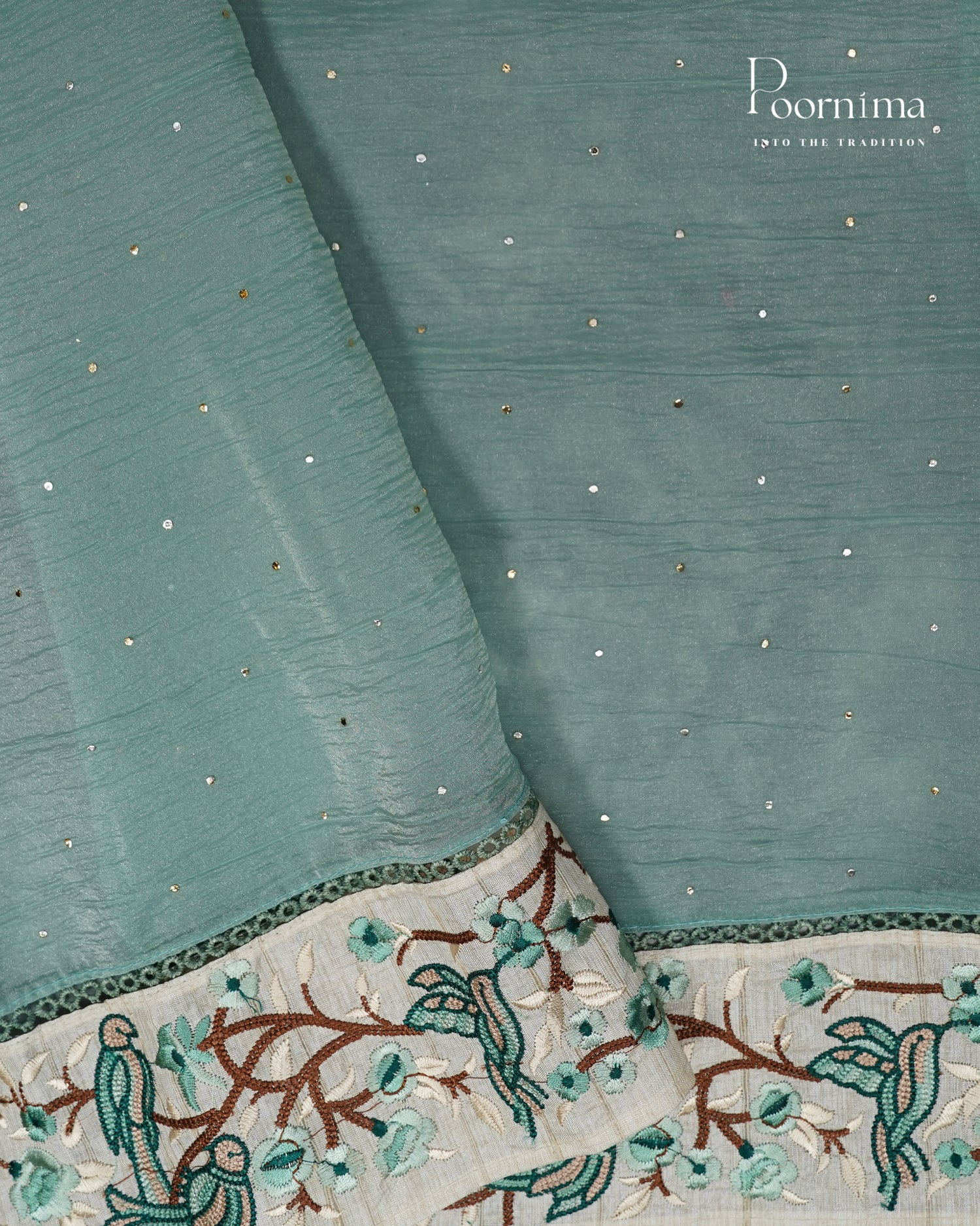 PISTA GREEN - CRUSHED ORGANZA SAREE WITH TUSSAR EMBRIODARY BORDER