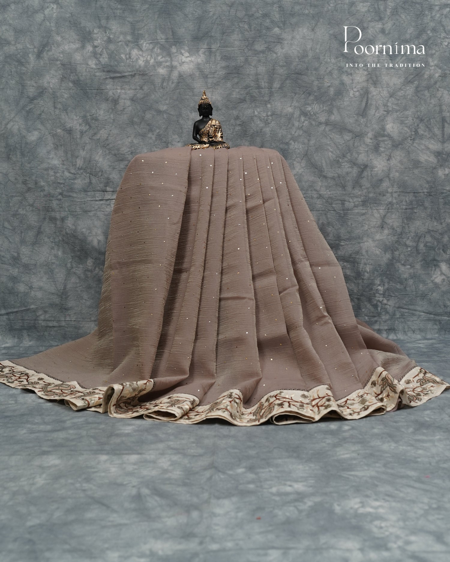 Dark Cream  - CRUSHED ORGANZA SAREE WITH TUSSAR EMBROIDERY BORDER