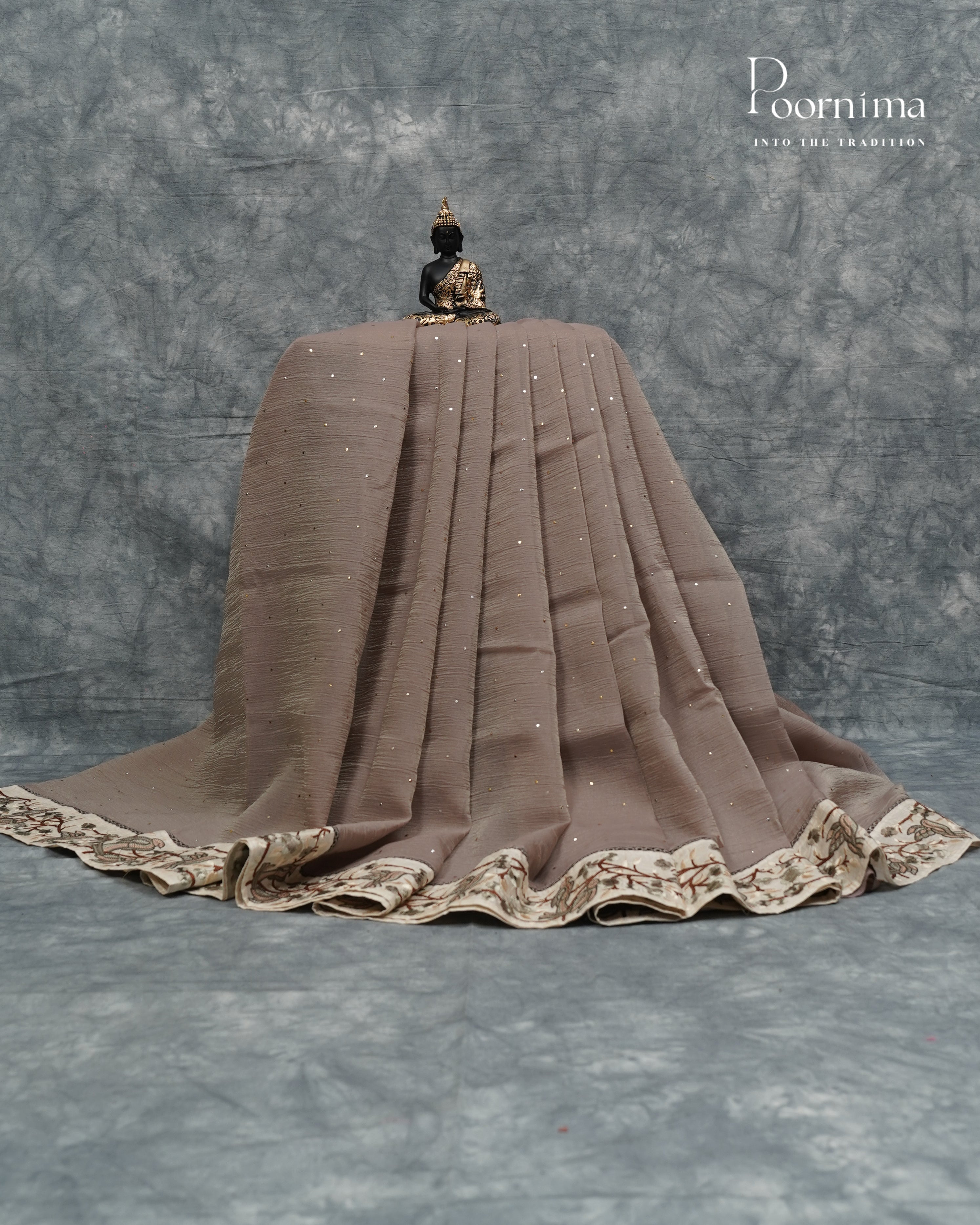 Dark Cream - CRUSHED ORGANZA SAREE WITH TUSSAR EMBROIDERY BORDER