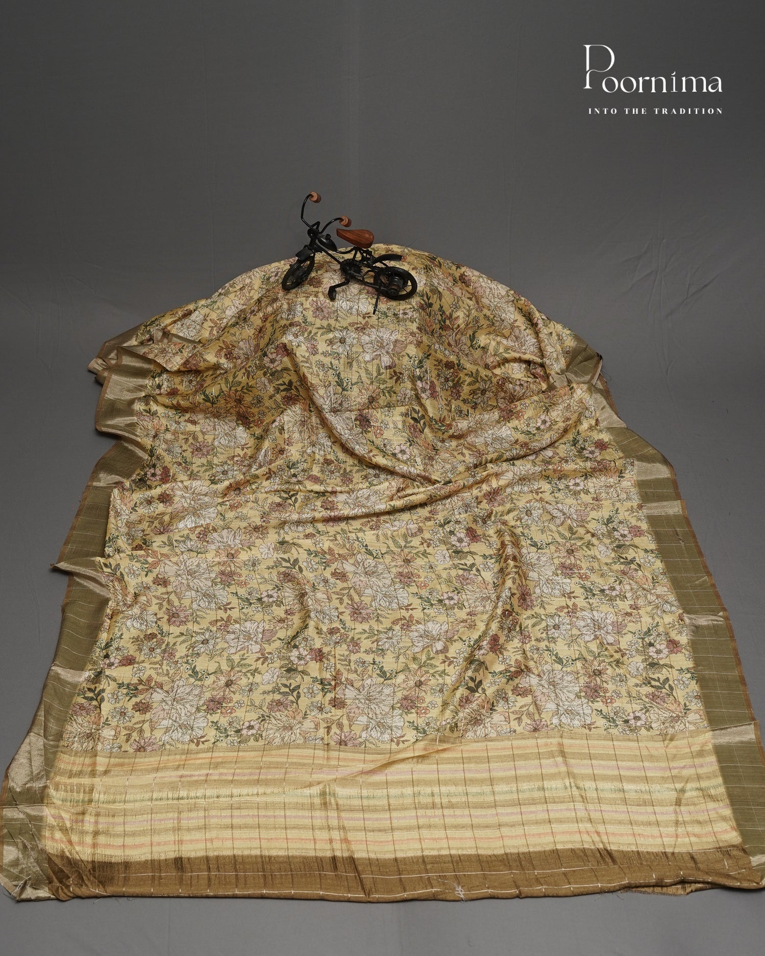 MUSTARD YELLOW  - SEMI TUSSAR SAREE WITH ALLOVER SMALL DIGITAL PRINT, ZARI CHECKS AND ZARI BORDER