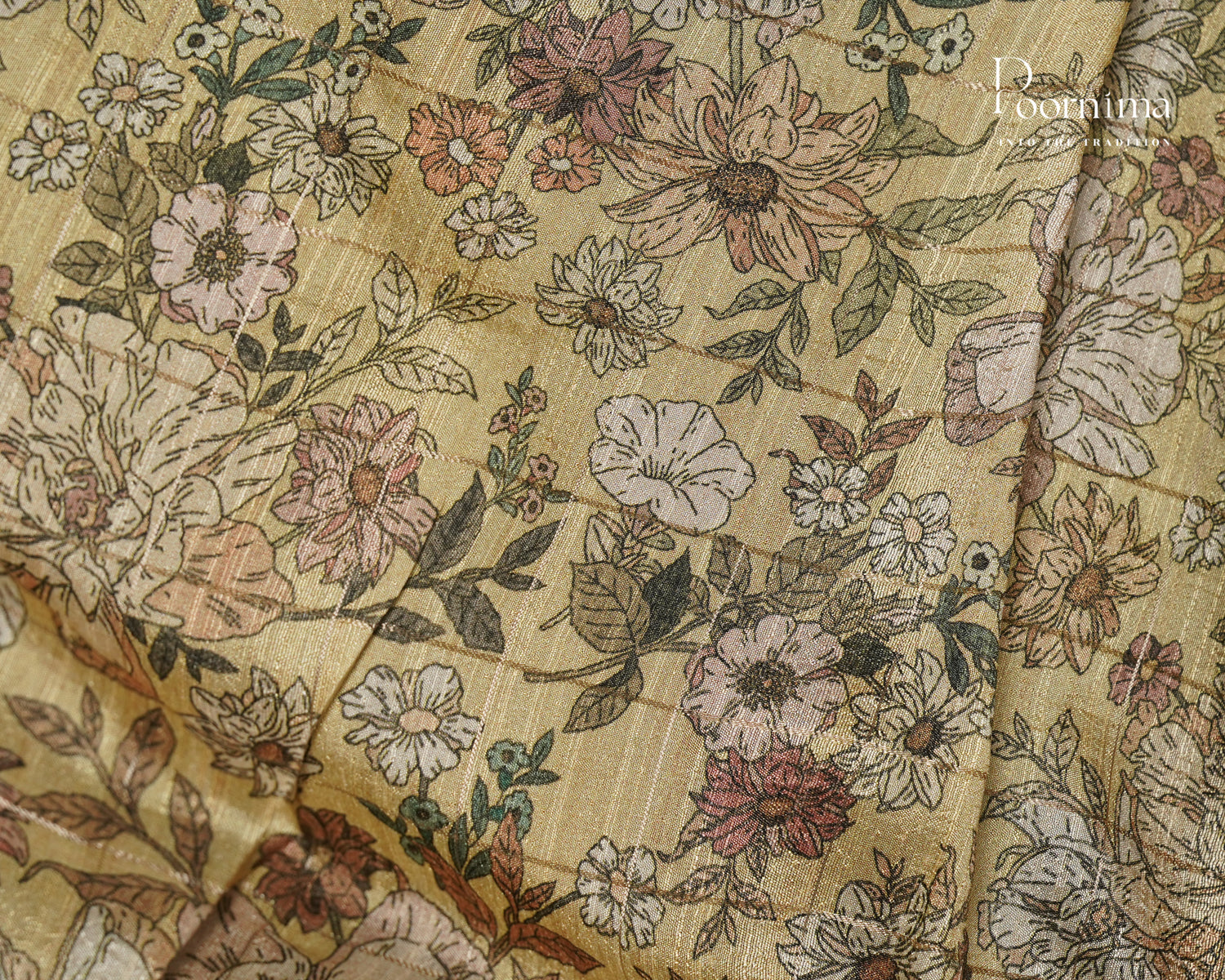 MUSTARD YELLOW  - SEMI TUSSAR SAREE WITH ALLOVER SMALL DIGITAL PRINT, ZARI CHECKS AND ZARI BORDER