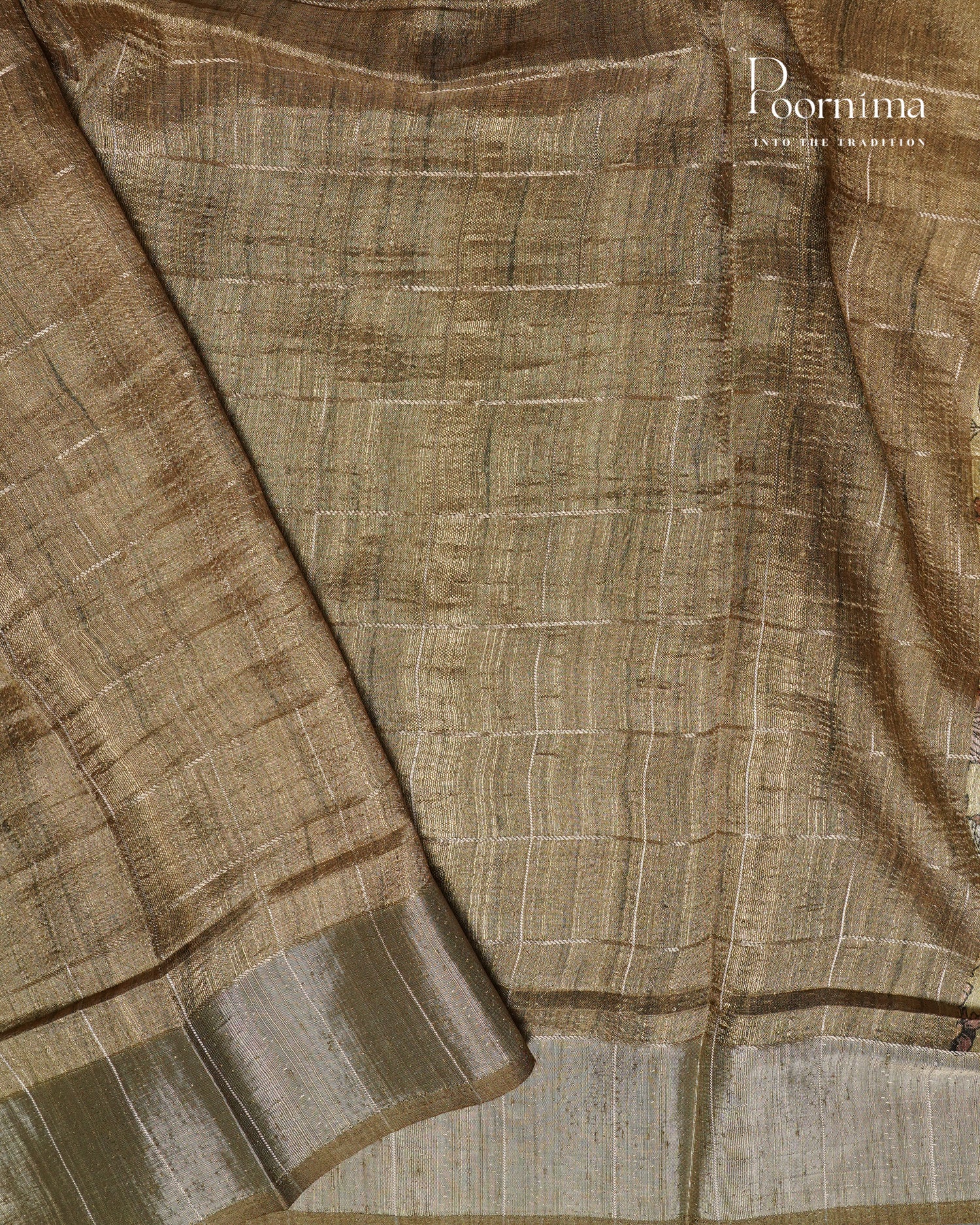 MUSTARD YELLOW  - SEMI TUSSAR SAREE WITH ALLOVER SMALL DIGITAL PRINT, ZARI CHECKS AND ZARI BORDER