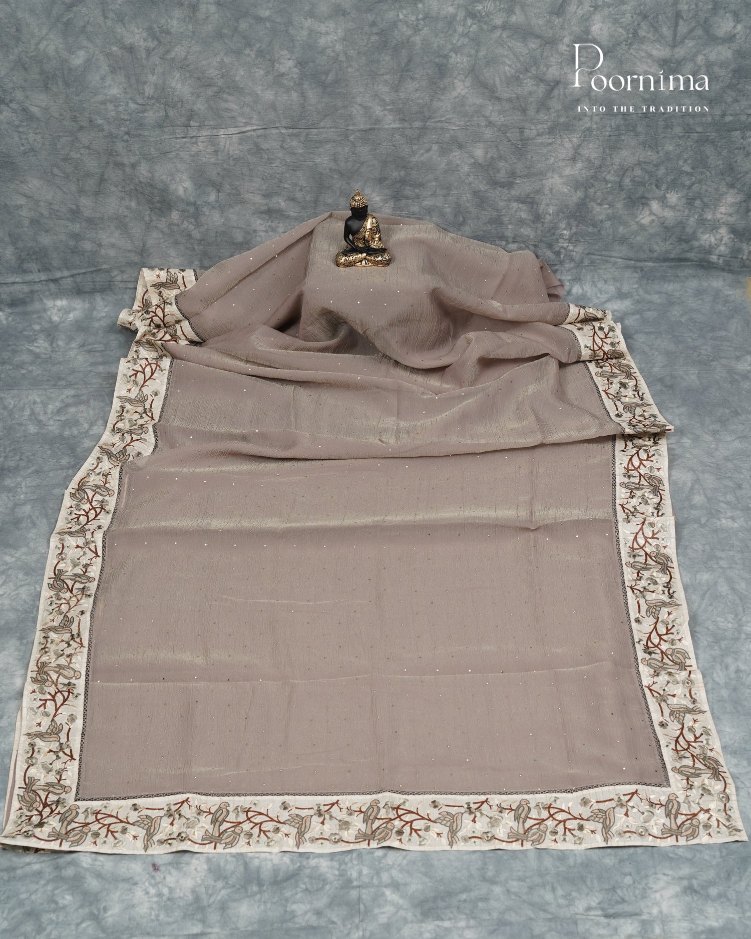 Dark Cream  - CRUSHED ORGANZA SAREE WITH TUSSAR EMBROIDERY BORDER
