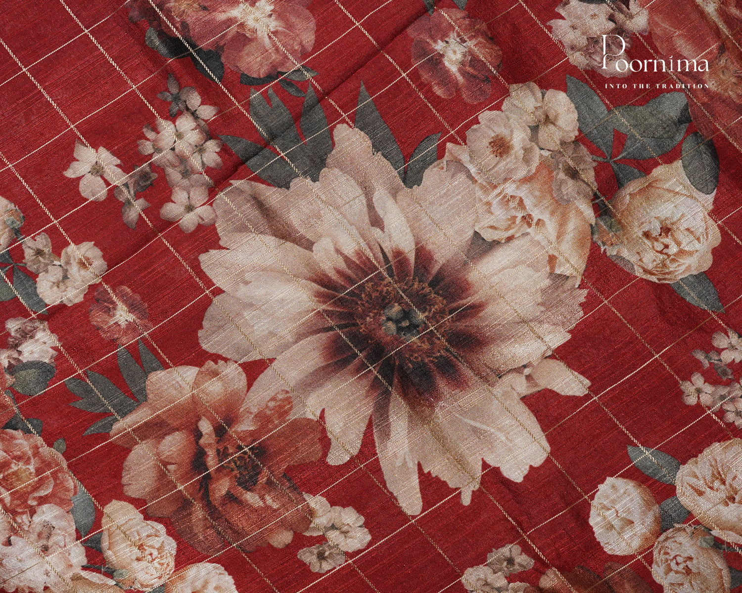 RED & MAROON - SEMI TUSSAR SAREE WITH ALLOVER PRINT, ZARI CHECKS AND ZARI BORDER