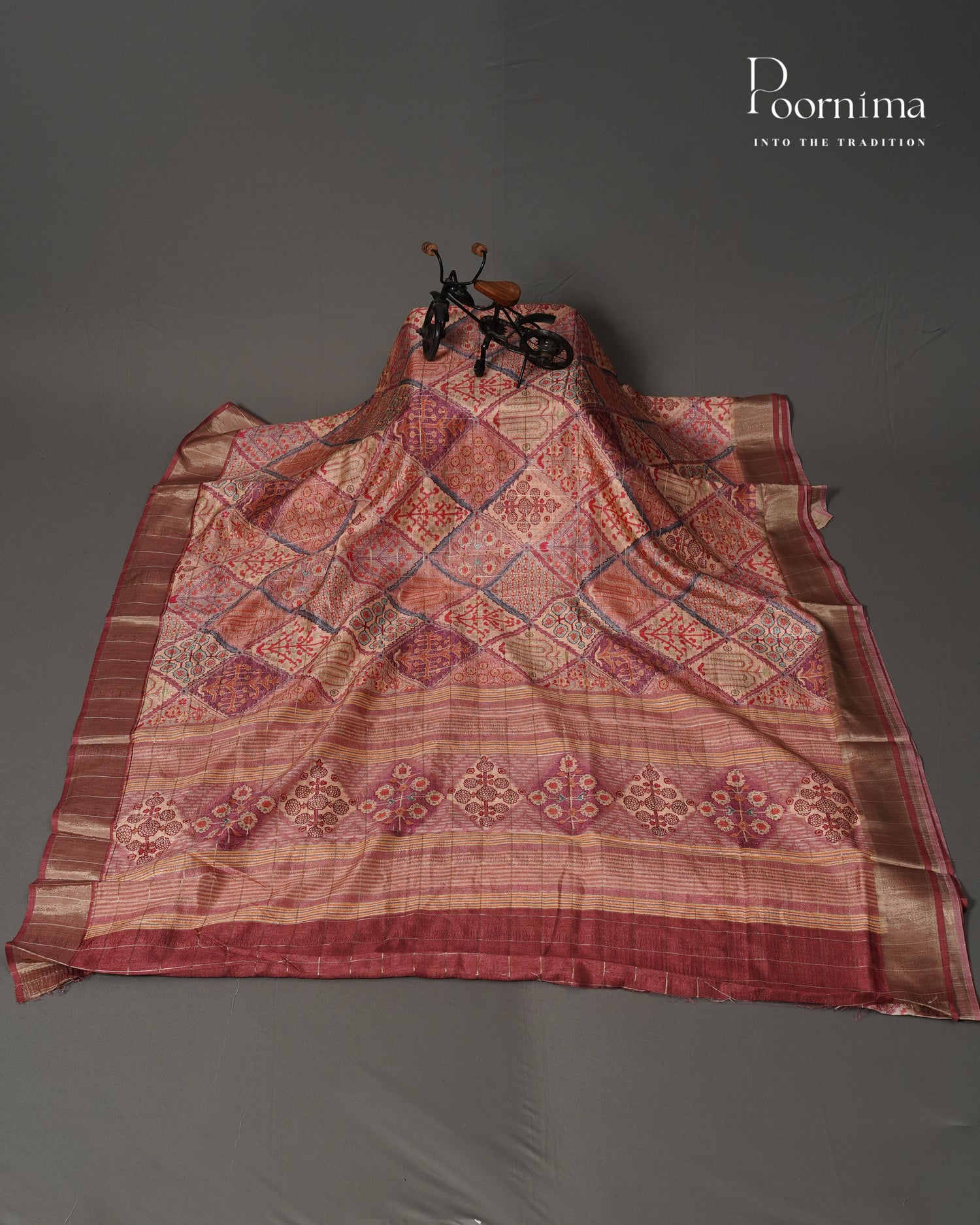 PEACH - SEMI TUSSAR SAREE WITH ALLOVER PRINT, ZARI CHECKS AND ZARI BORDER