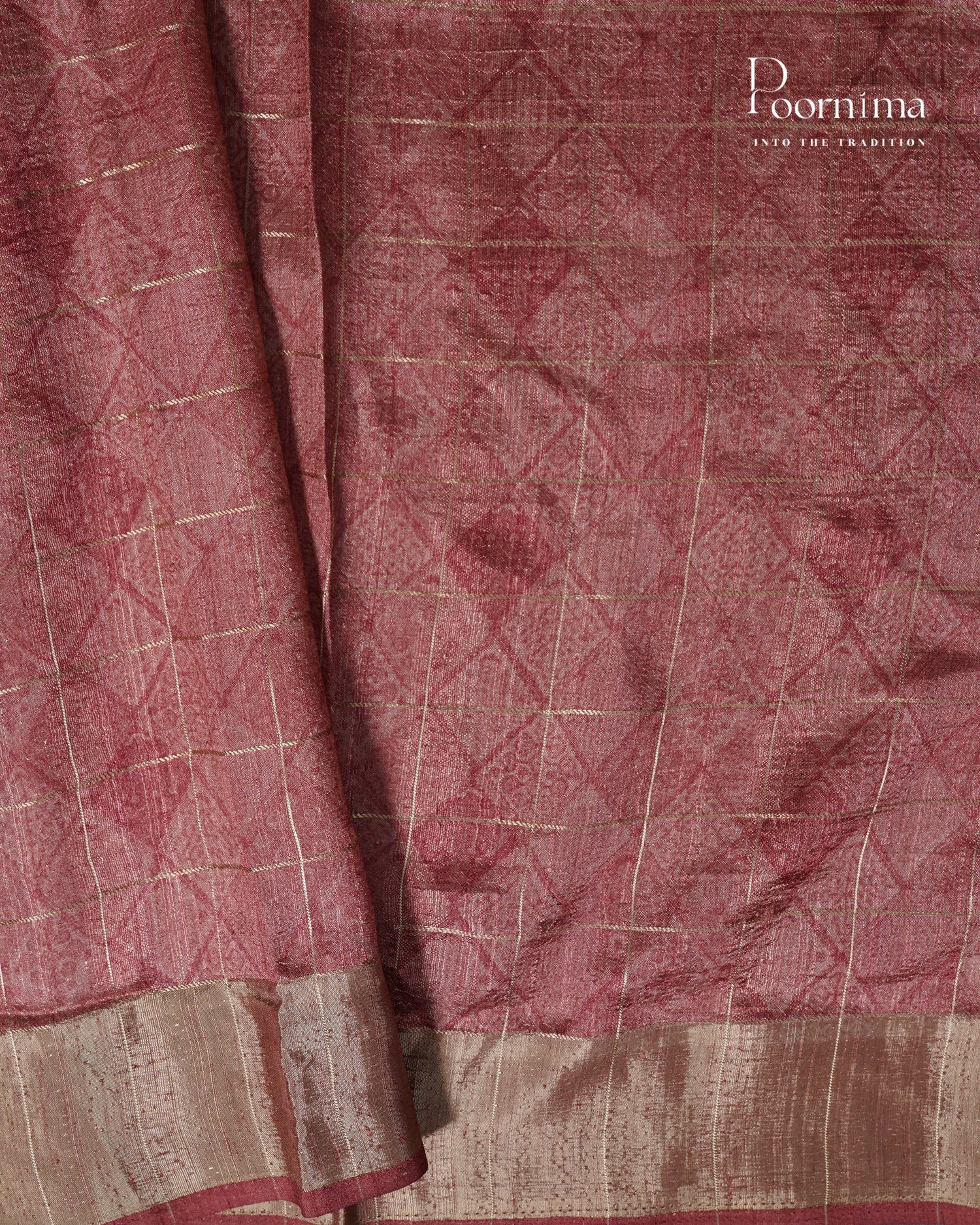 PEACH - SEMI TUSSAR SAREE WITH ALLOVER PRINT, ZARI CHECKS AND ZARI BORDER